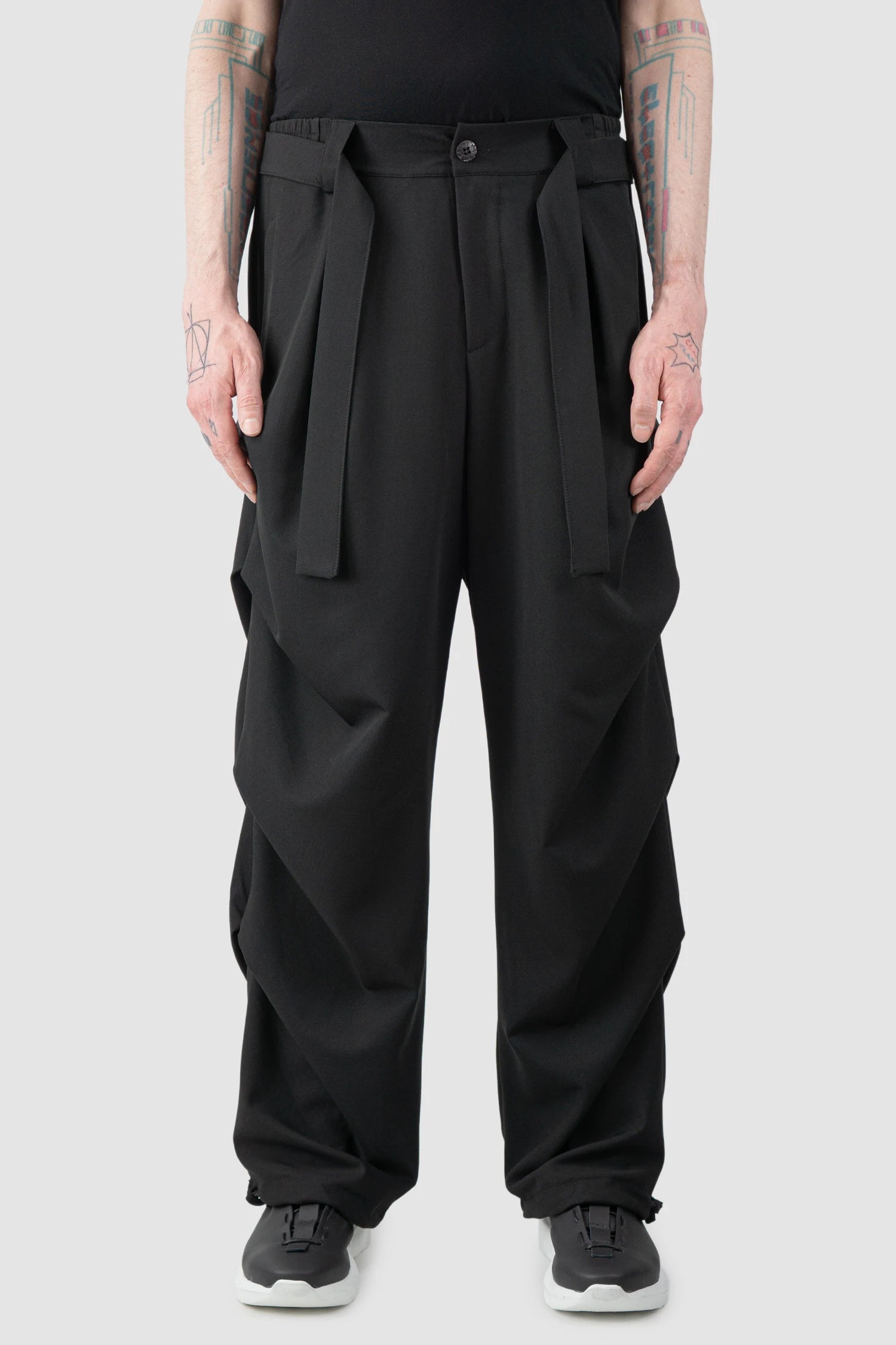 La Haine Inside Us  - Men’s Black Guttered Fluid Stretch Trousers open leg view