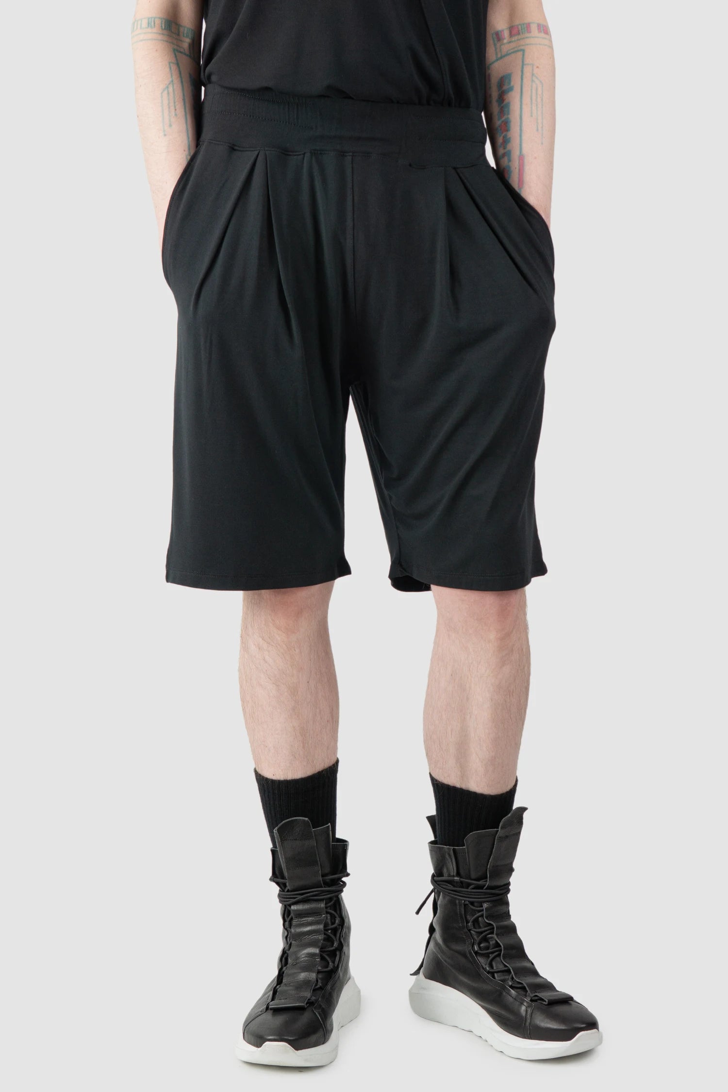 La Haine Inside Us  - Men’s Black Relaxed Bamboo Bermuda Shorts model relaxed view