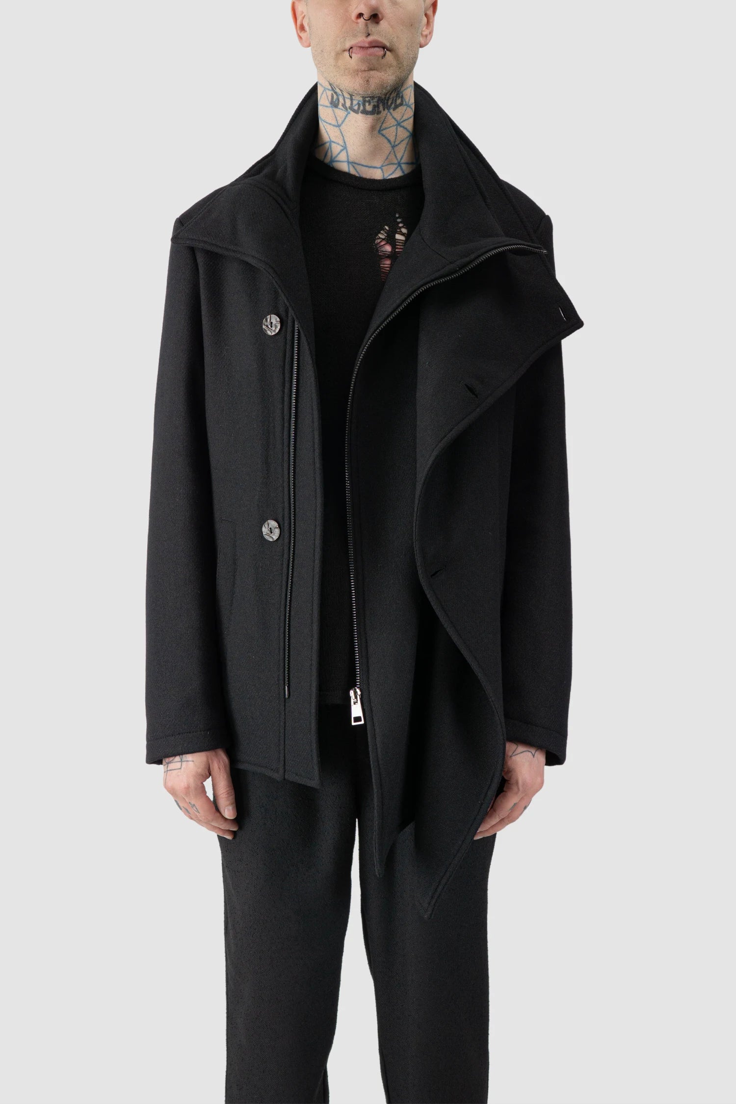 La Haine Inside Us - model open front view of men’s FW25 Black Asymmetric Draped High Collar Wool Jacket