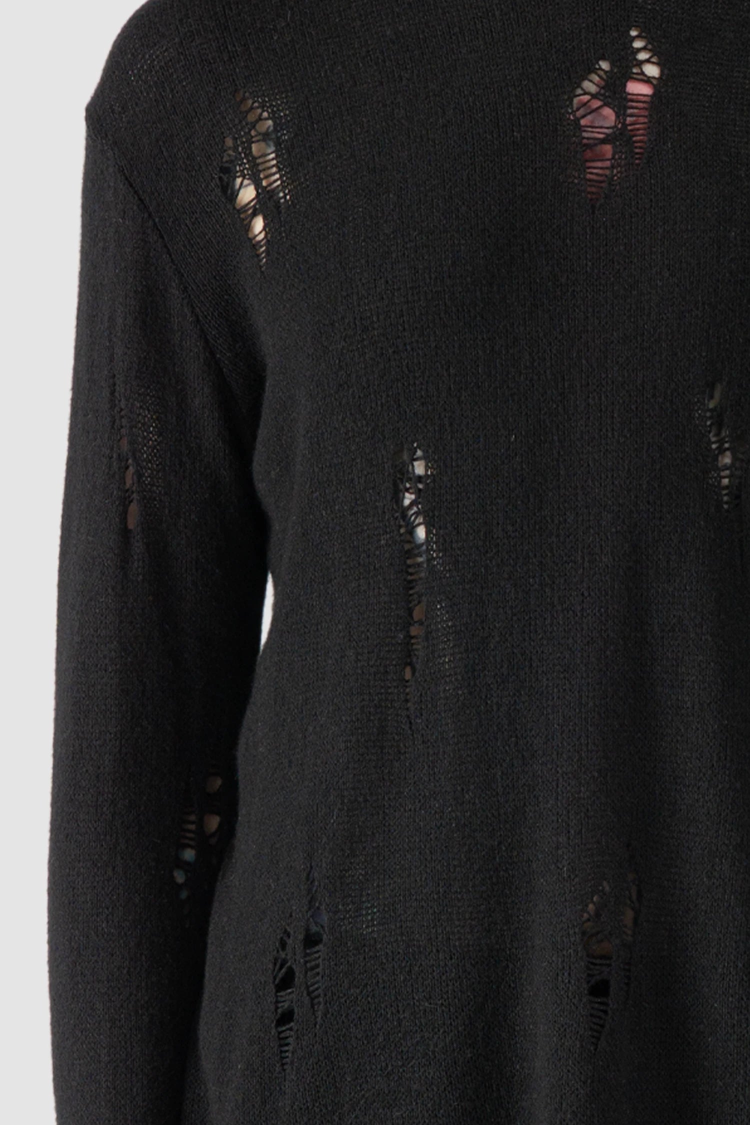 La Haine Inside Us - fabric close up view of men’s FW25 Black Irregular Destroyed Viscose Blend Knit Sweatshirt
