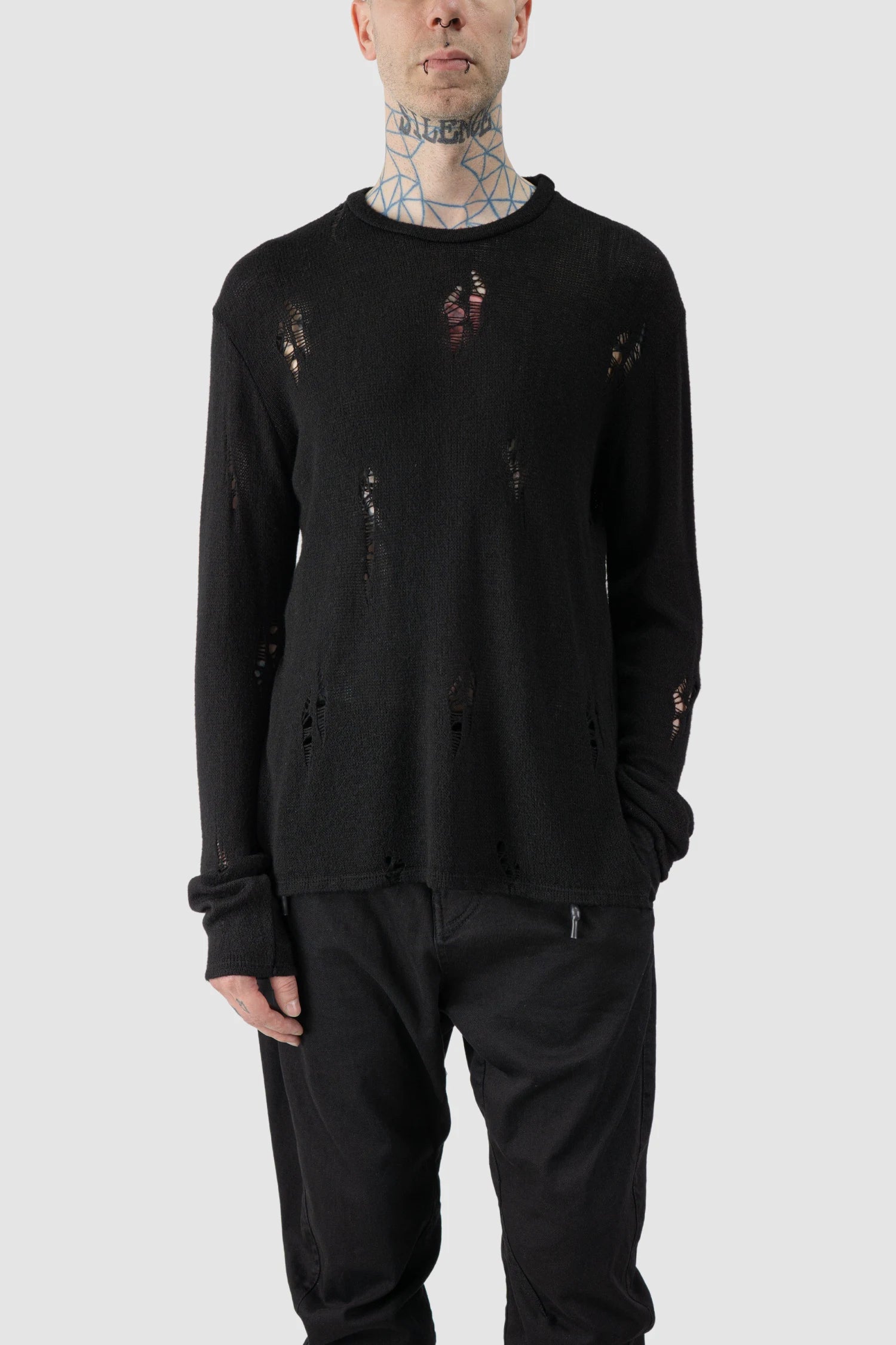 La Haine Inside Us - model front relaxed view of men’s FW25 Black Irregular Destroyed Viscose Blend Knit Sweatshirt