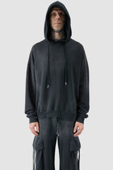 La Haine Inside Us - model hooded view of men’s FW25 Grey Sprayed Degrade Cotton Hooded Sweater