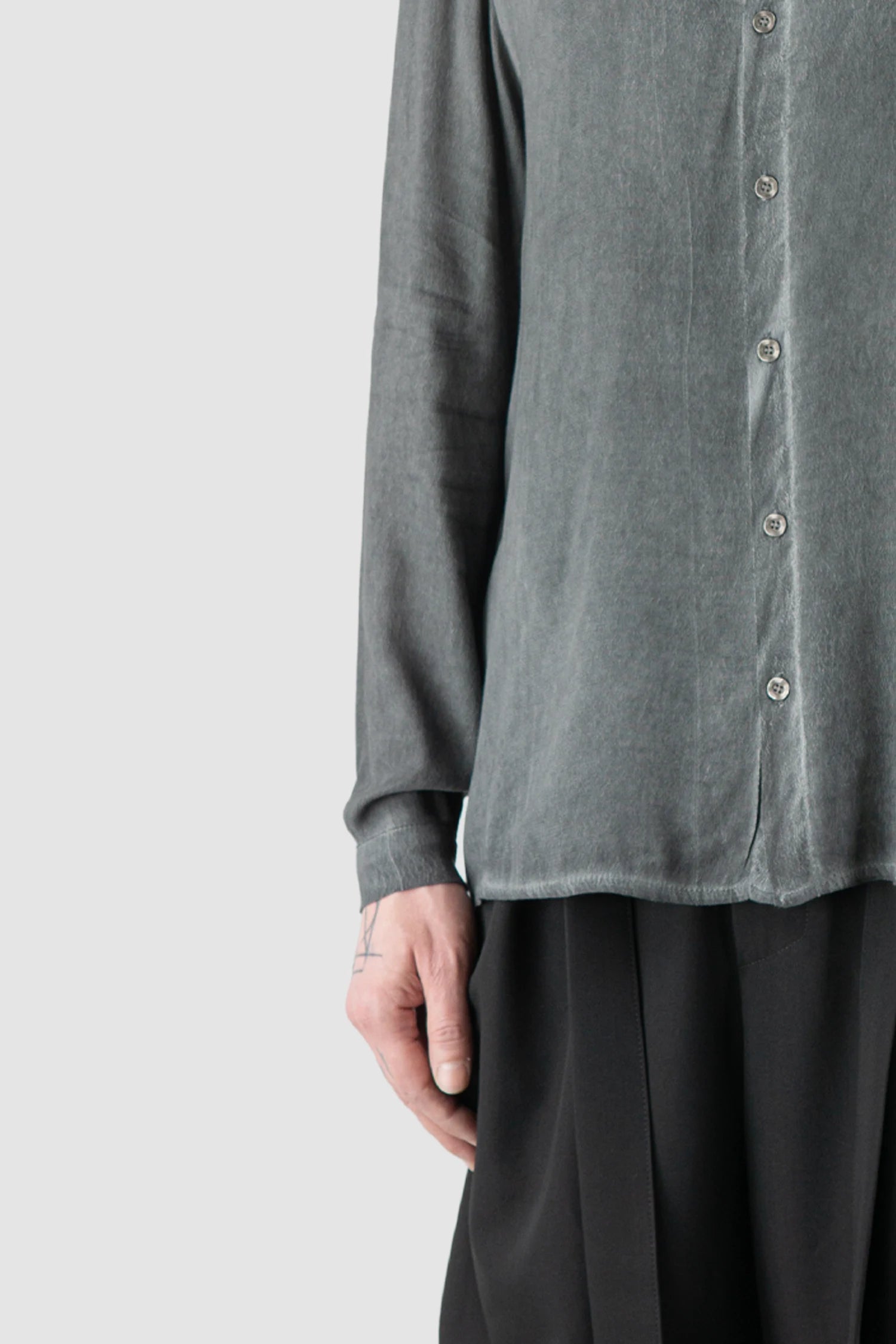 La Haine Inside Us  - Men’s Grey Cold Dyed Button Up Viscose Shirt gem detail view