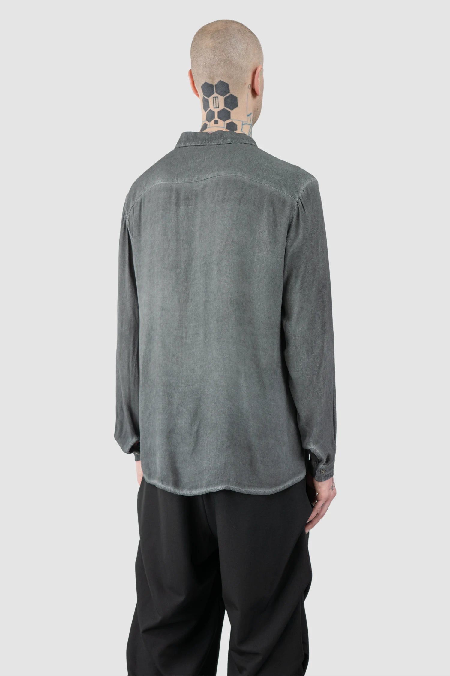 La Haine Inside Us  - Men’s Grey Cold Dyed Button Up Viscose Shirt model back side view