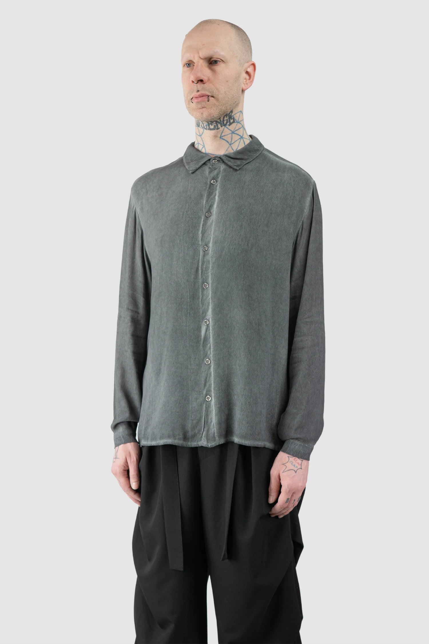 La Haine Inside Us  - Men’s Grey Cold Dyed Button Up Viscose Shirt model side front view