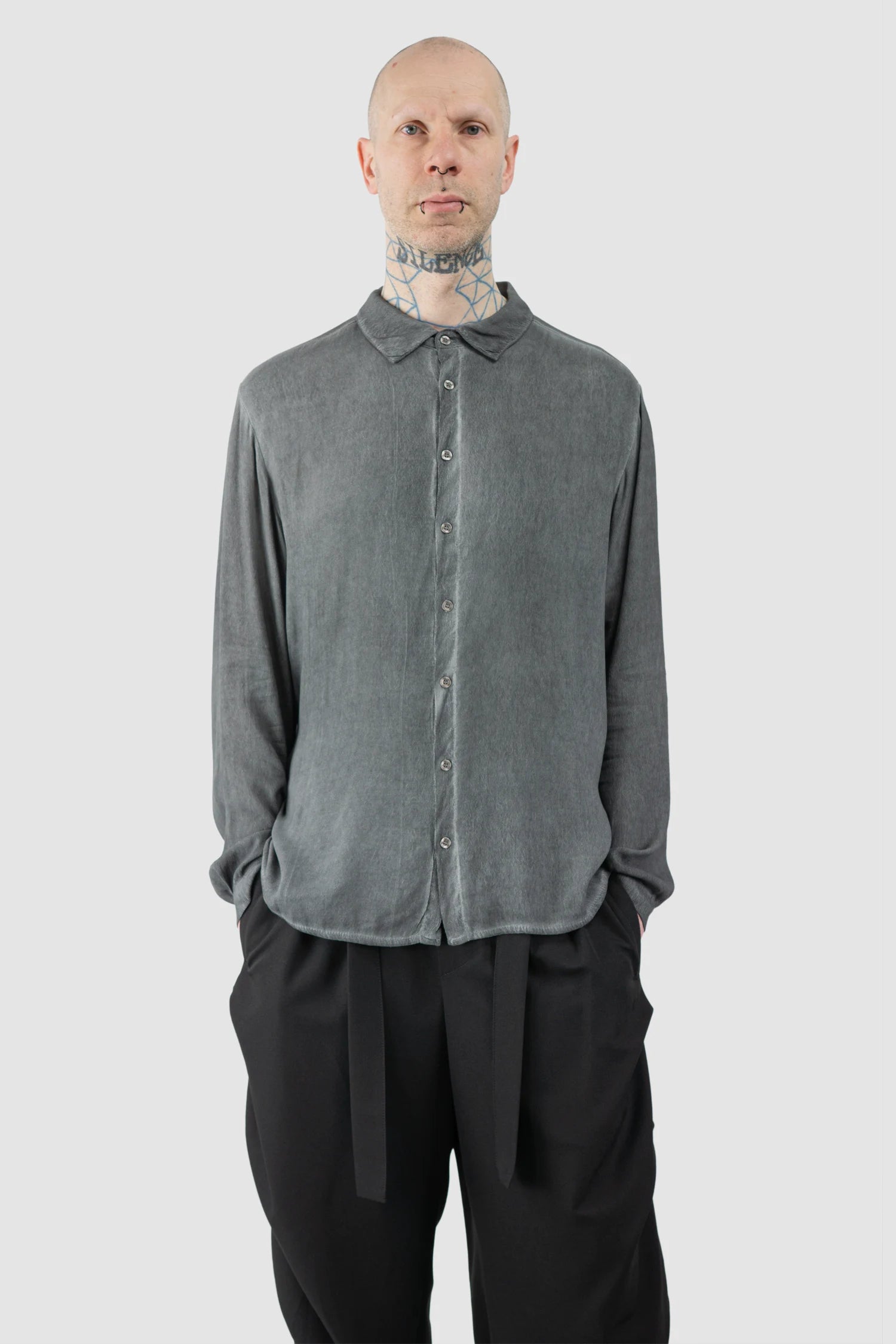La Haine Inside Us  - Men’s Grey Cold Dyed Button Up Viscose Shirt model relaxed view