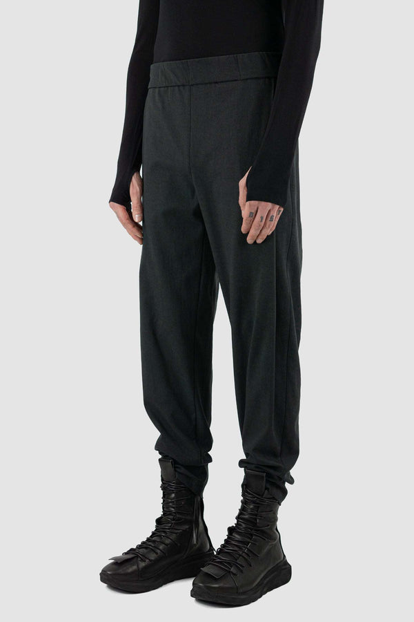 Stylish Black Cotton Twill Less Pants with Elastic Waistband - Side View by UY Studio