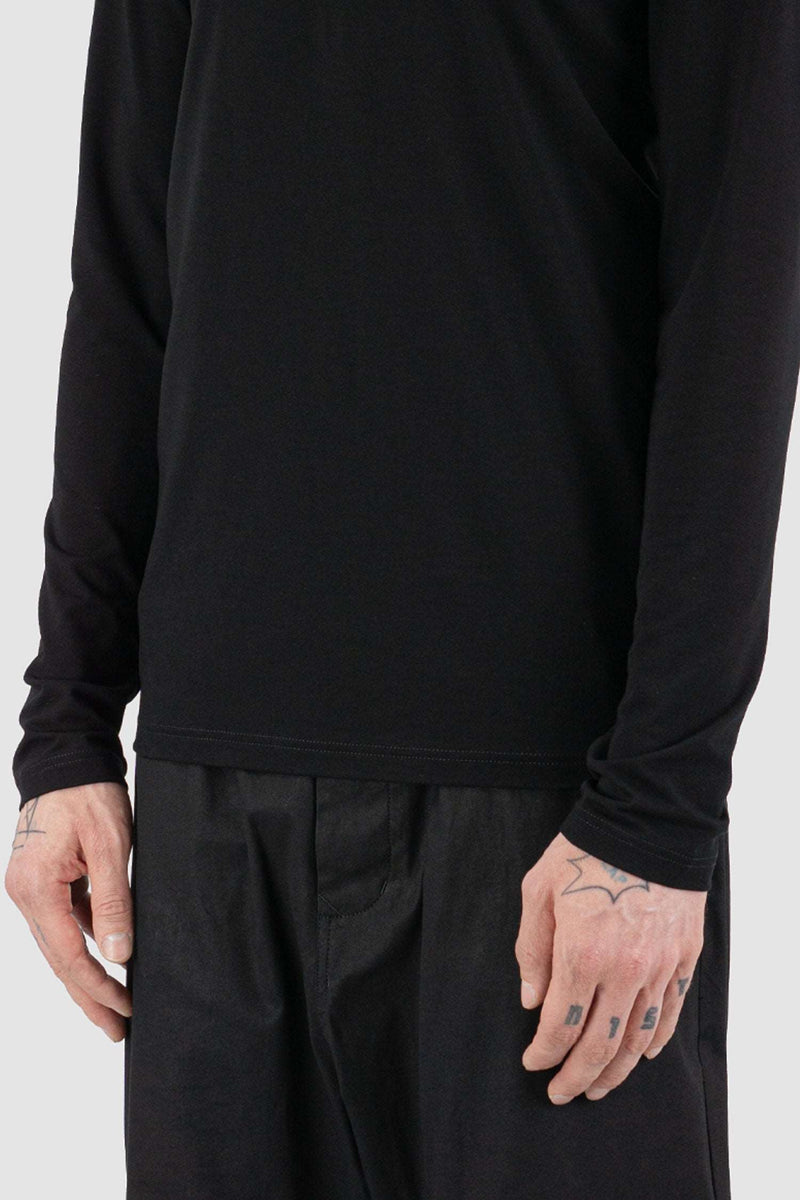 Detail view of Black Basic Jersey Longsleeve Tee for Men with slim fit, FW23, NOMEN NESCIO