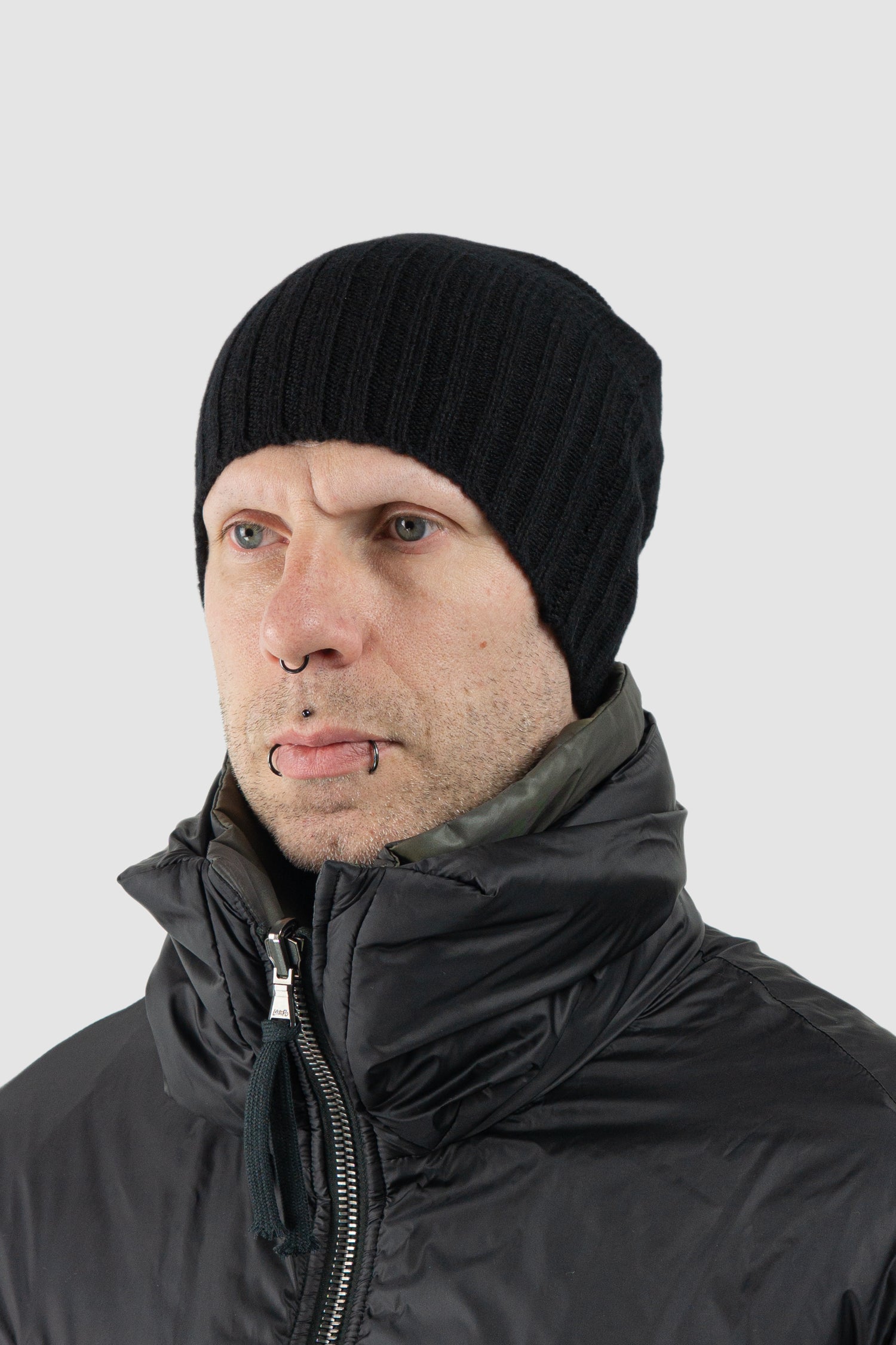 Masnada - Men's Black Cashmere Knit Beanie - model left view