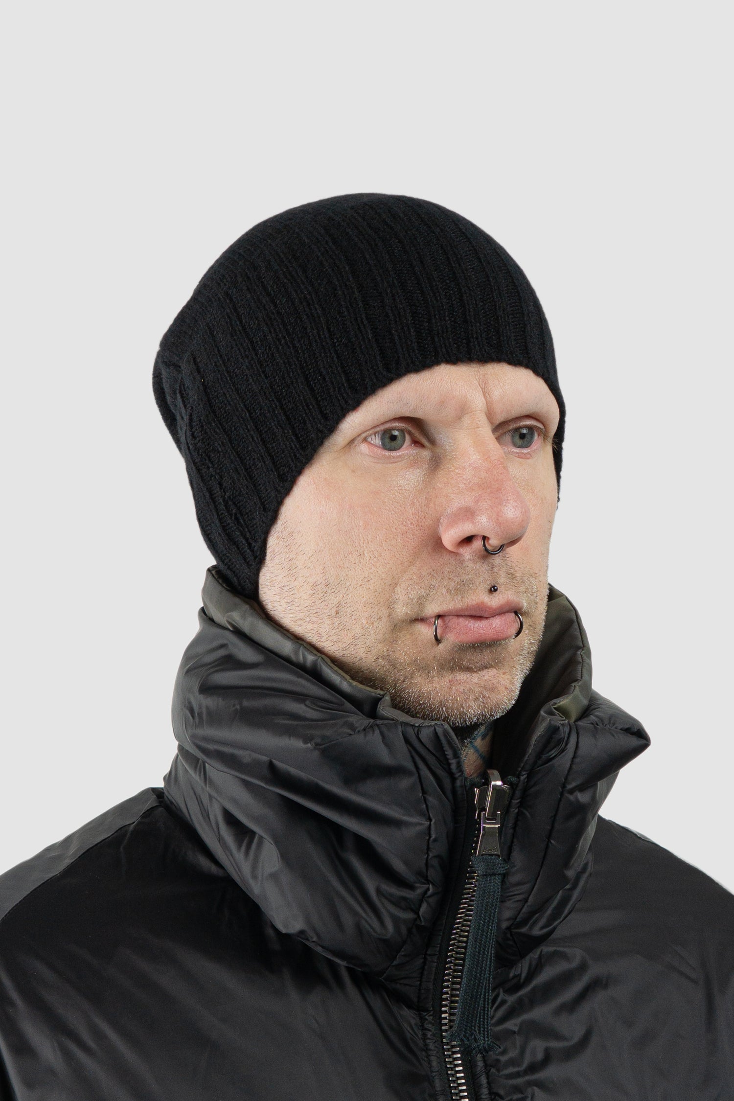 Masnada - Men's Black Cashmere Knit Beanie - model right view