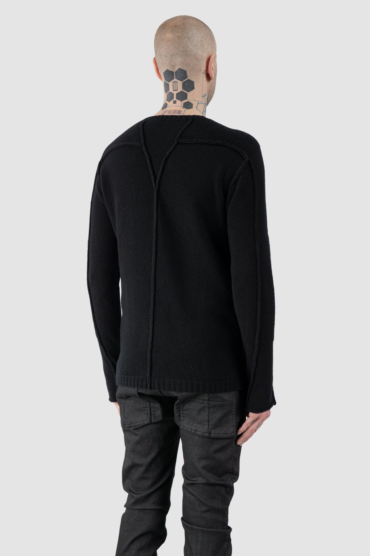 Masnada - Men's Black Lamb Wool Knit Sweater - Model back side view