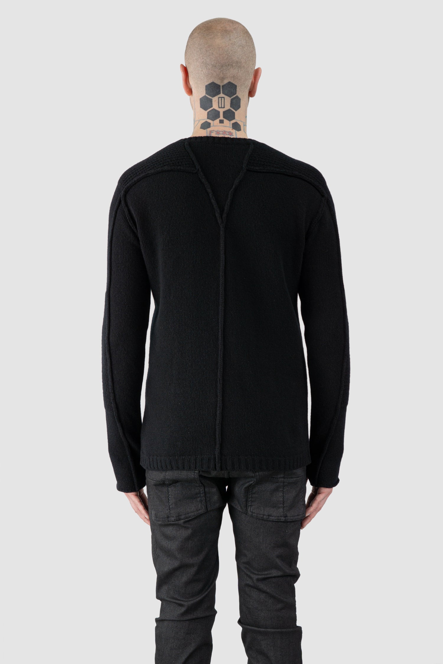 Masnada - Men's Black Lamb Wool Knit Sweater - Model back view