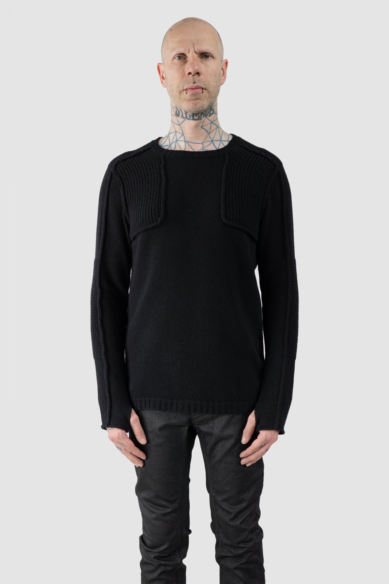 Masnada - Men's Black Lamb Wool Knit Sweater - model front view - MONO-KROM | Gallery