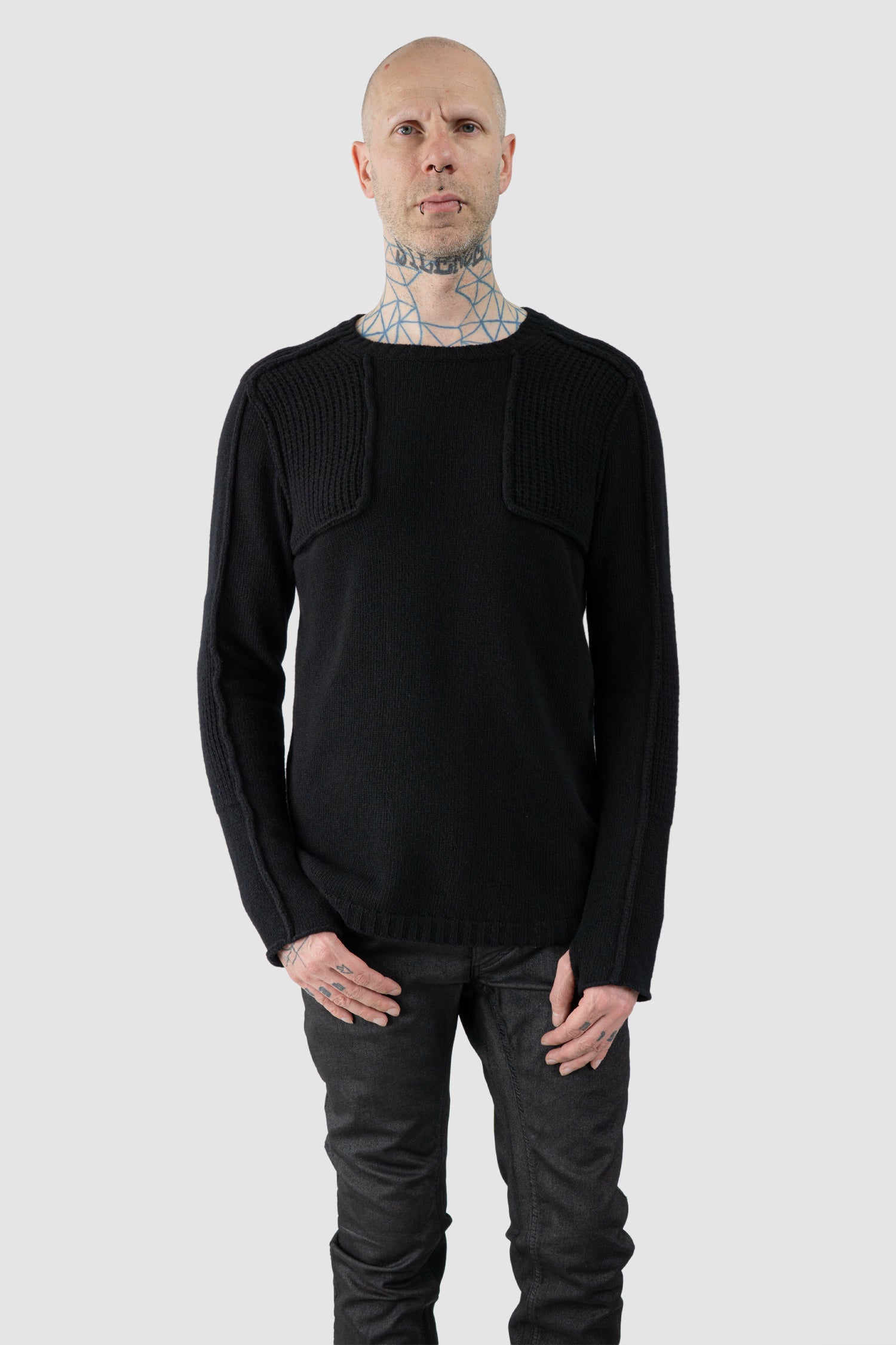 Masnada - Men's Black Lamb Wool Knit Sweater - Model relaxed view