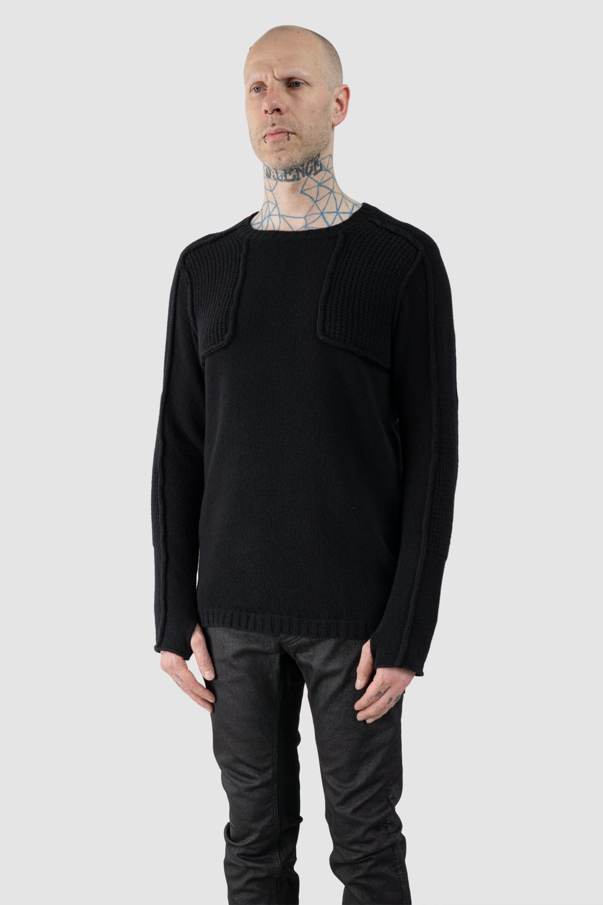 Masnada - Men's Black Lamb Wool Knit Sweater - model front side view - MONO-KROM | Gallery