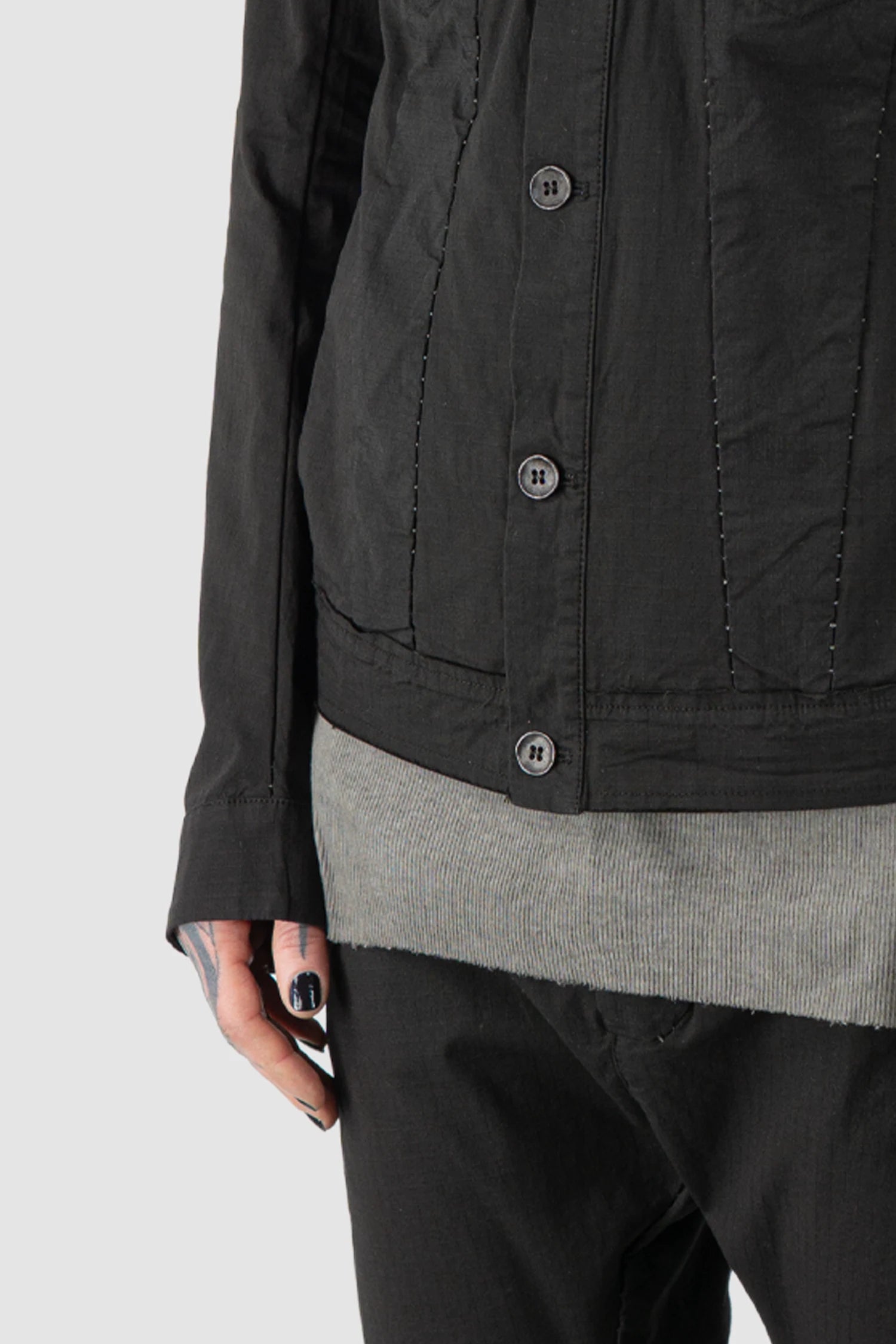 Masnada - Men’s Black Cotton Dart Cut Biker Jacket hem detail view