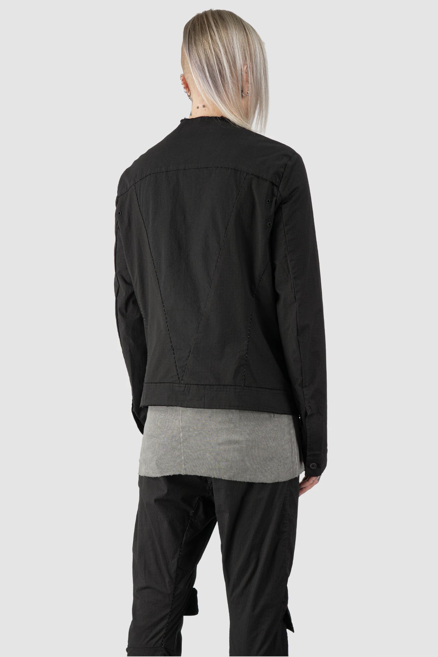 Masnada - Men’s Black Cotton Dart Cut Biker Jacket model back side view