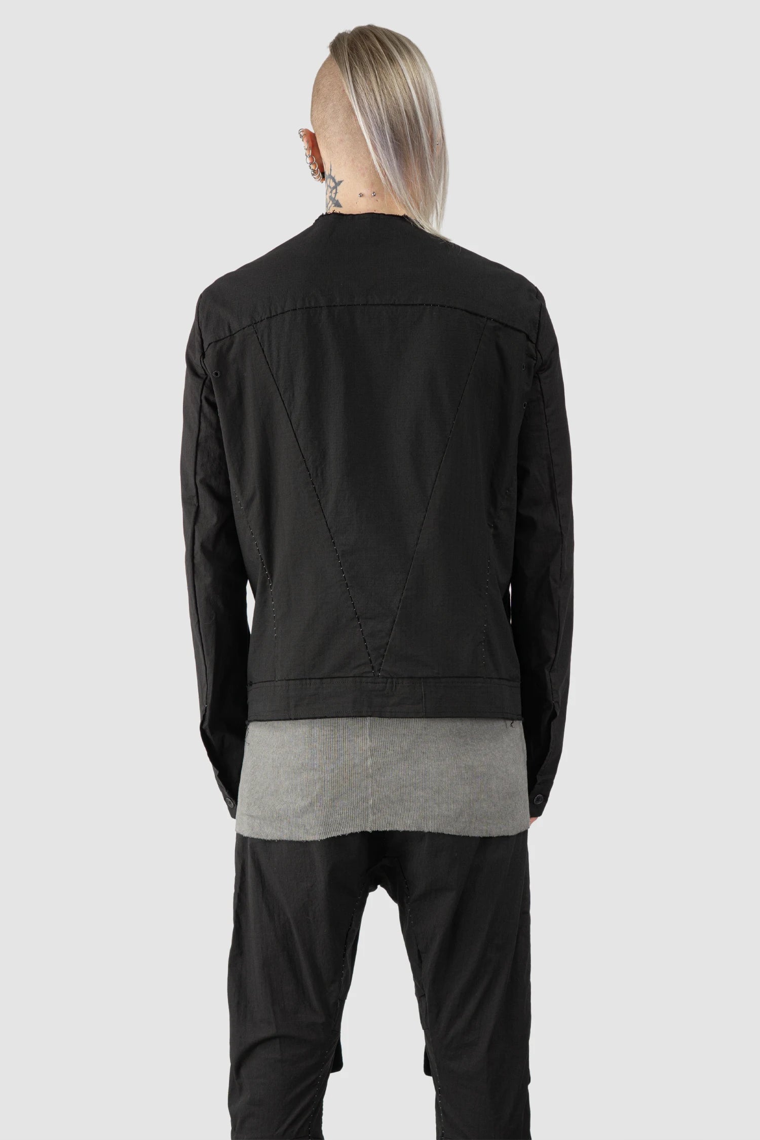 Masnada - Men’s Black Cotton Dart Cut Biker Jacket model back view