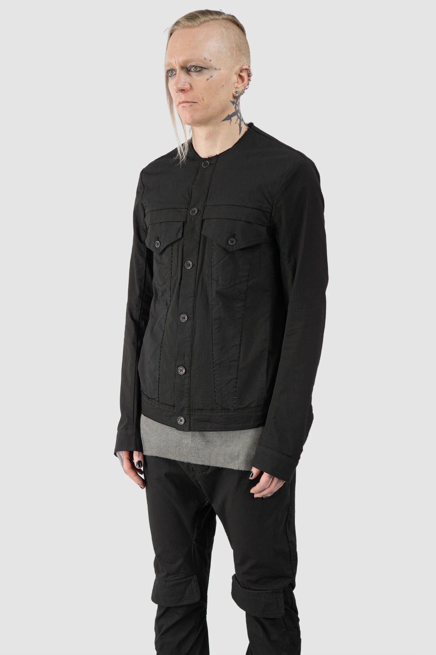 Masnada - Men’s Black Cotton Dart Cut Biker Jacket model front side view