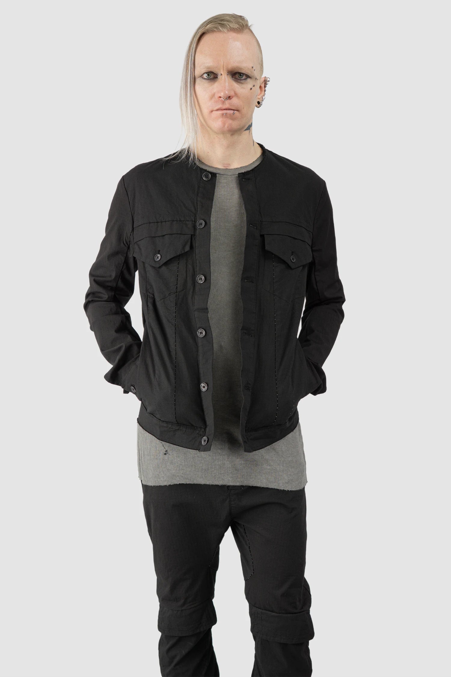 Masnada - Men’s Black Cotton Dart Cut Biker Jacket model relaxed view