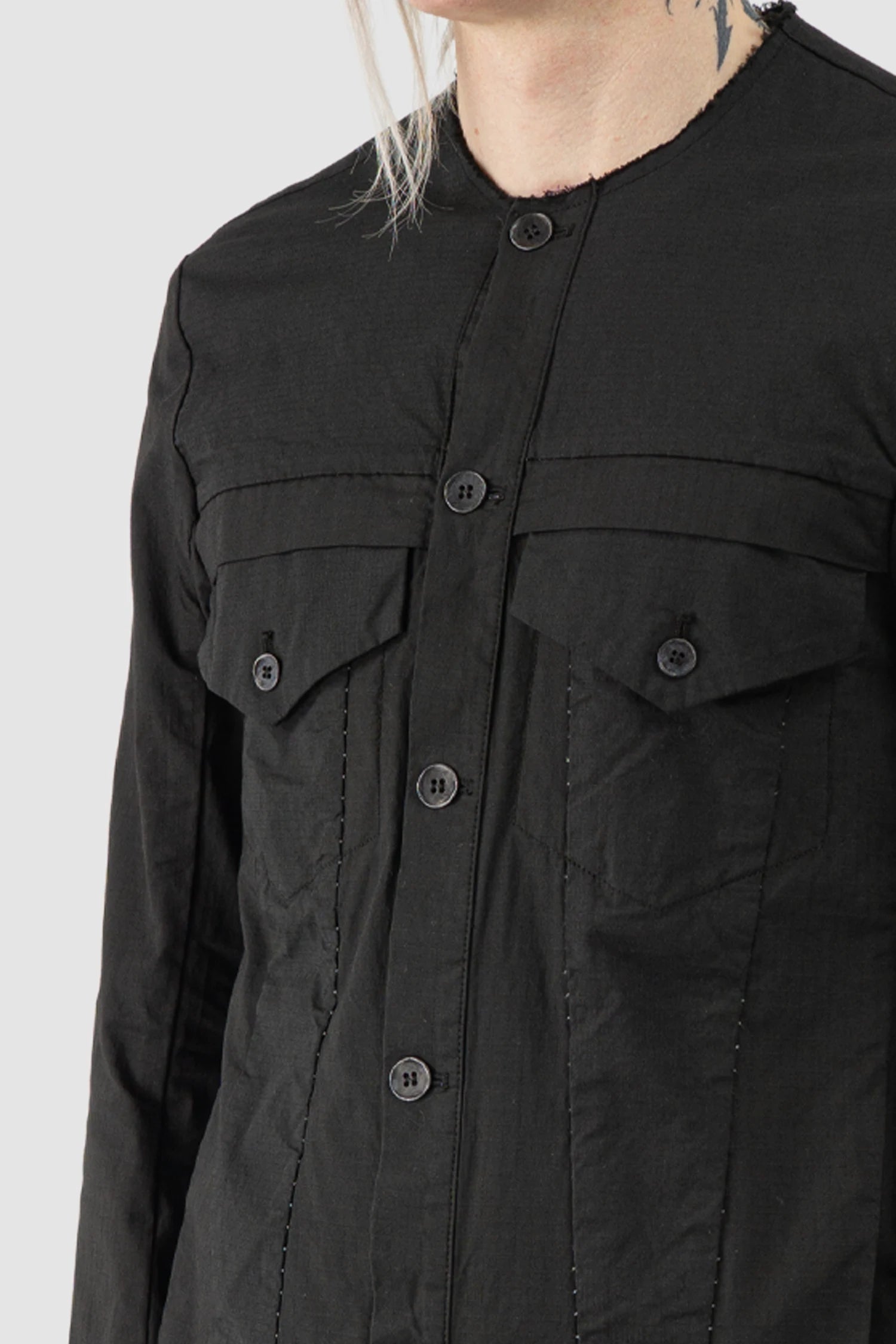 Masnada - Men’s Black Cotton Dart Cut Biker Jacket pocket detail view