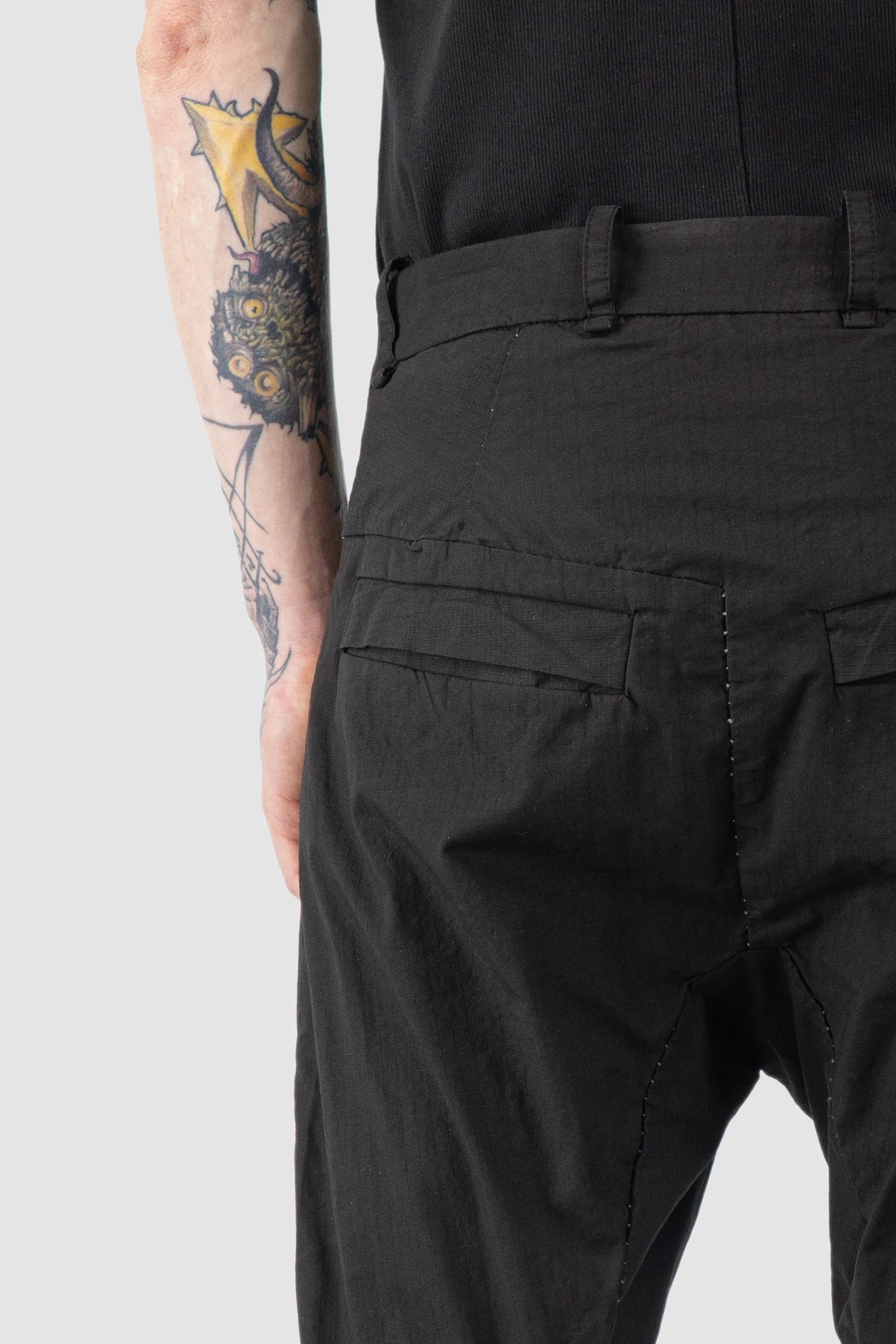 Masnada - Men’s Black Cotton Slim Fit Biker Cargo Trousers back detail view