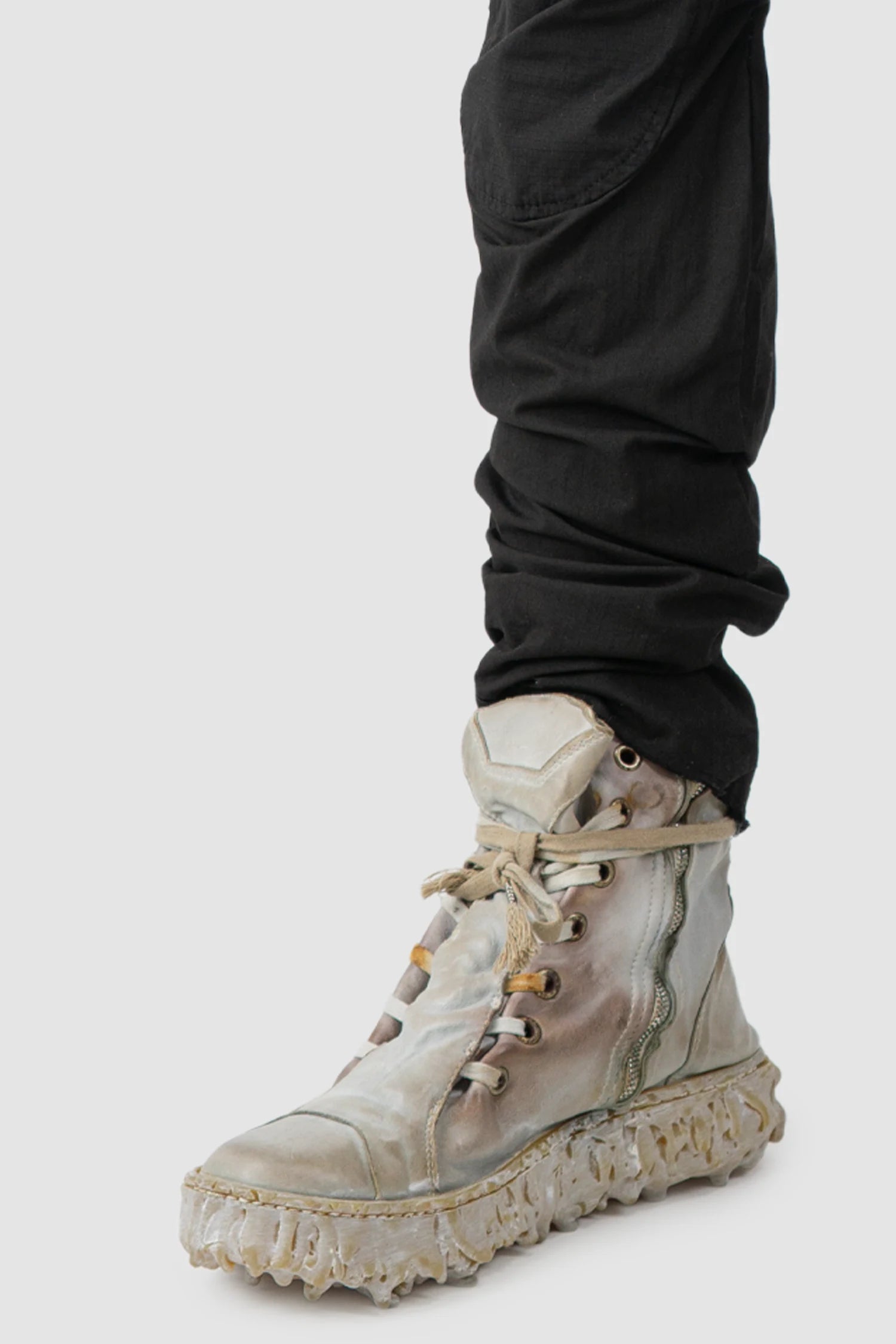 Masnada - Men’s Black Cotton Slim Fit Biker Cargo Trousers hem detail view