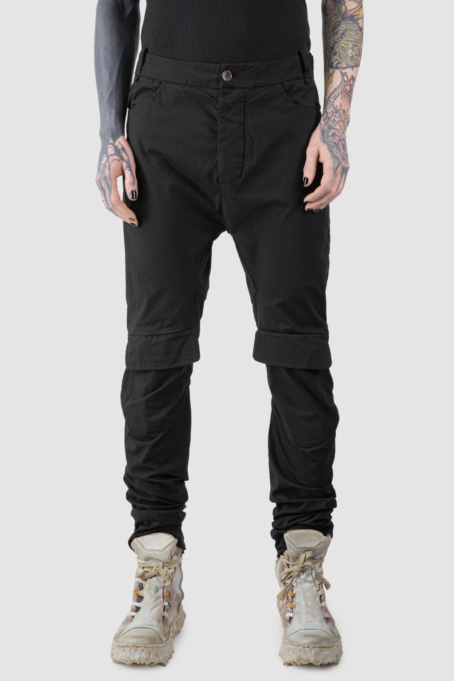 Masnada - Men’s Black Cotton Slim Fit Biker Cargo Trousers model front view