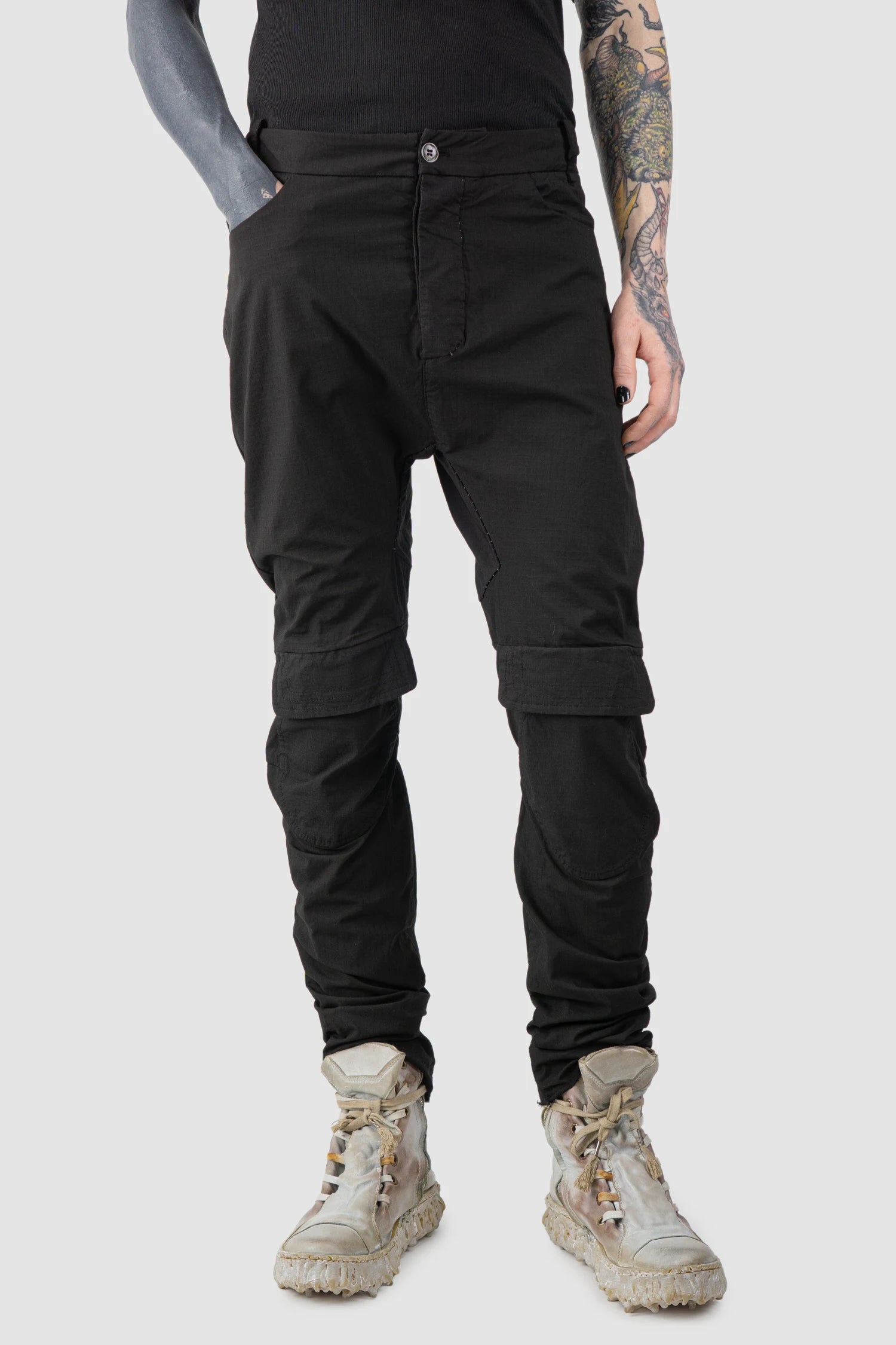 Masnada - Men’s Black Cotton Slim Fit Biker Cargo Trousers model relaxed view