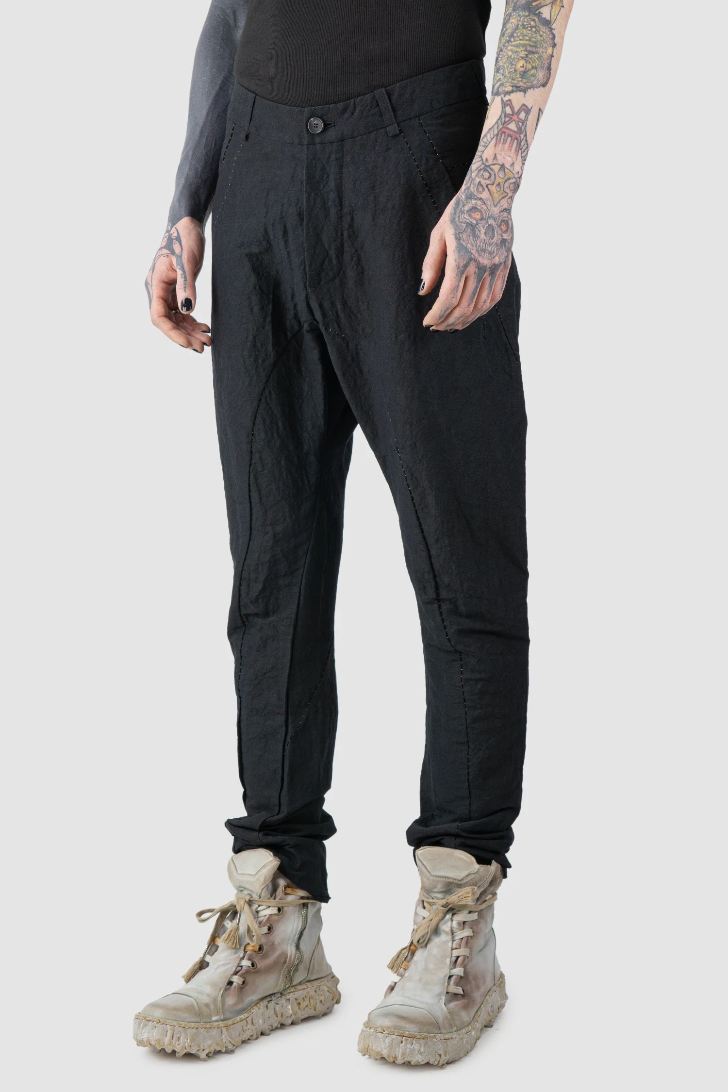Masnada - Men’s Black Linen Blend Baggy Trousers model front side view