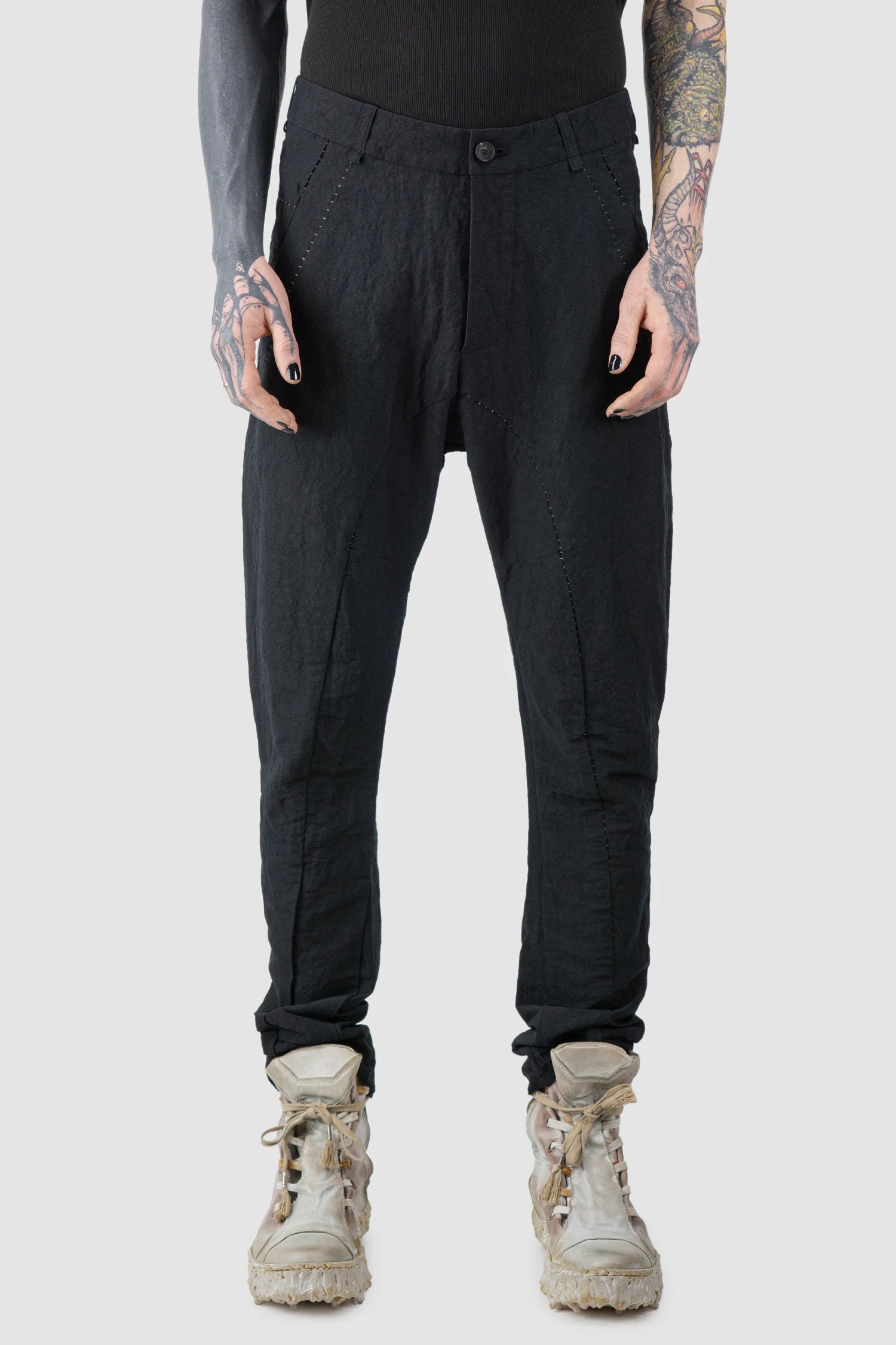 Masnada - Men’s Black Linen Blend Baggy Trousers model front view