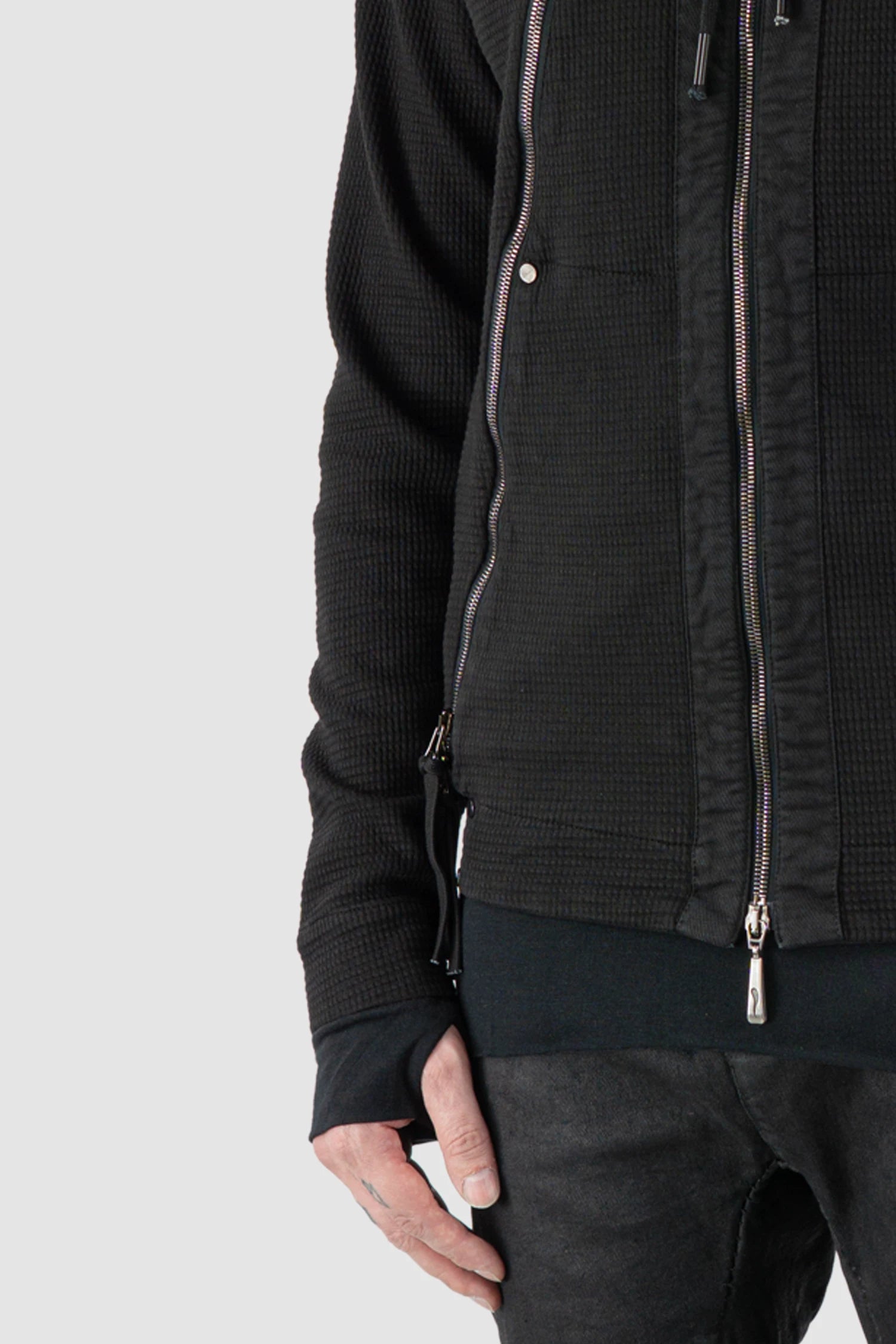 Masnada – Men's Black Multi Zip Cotton Hoodie - front detail view