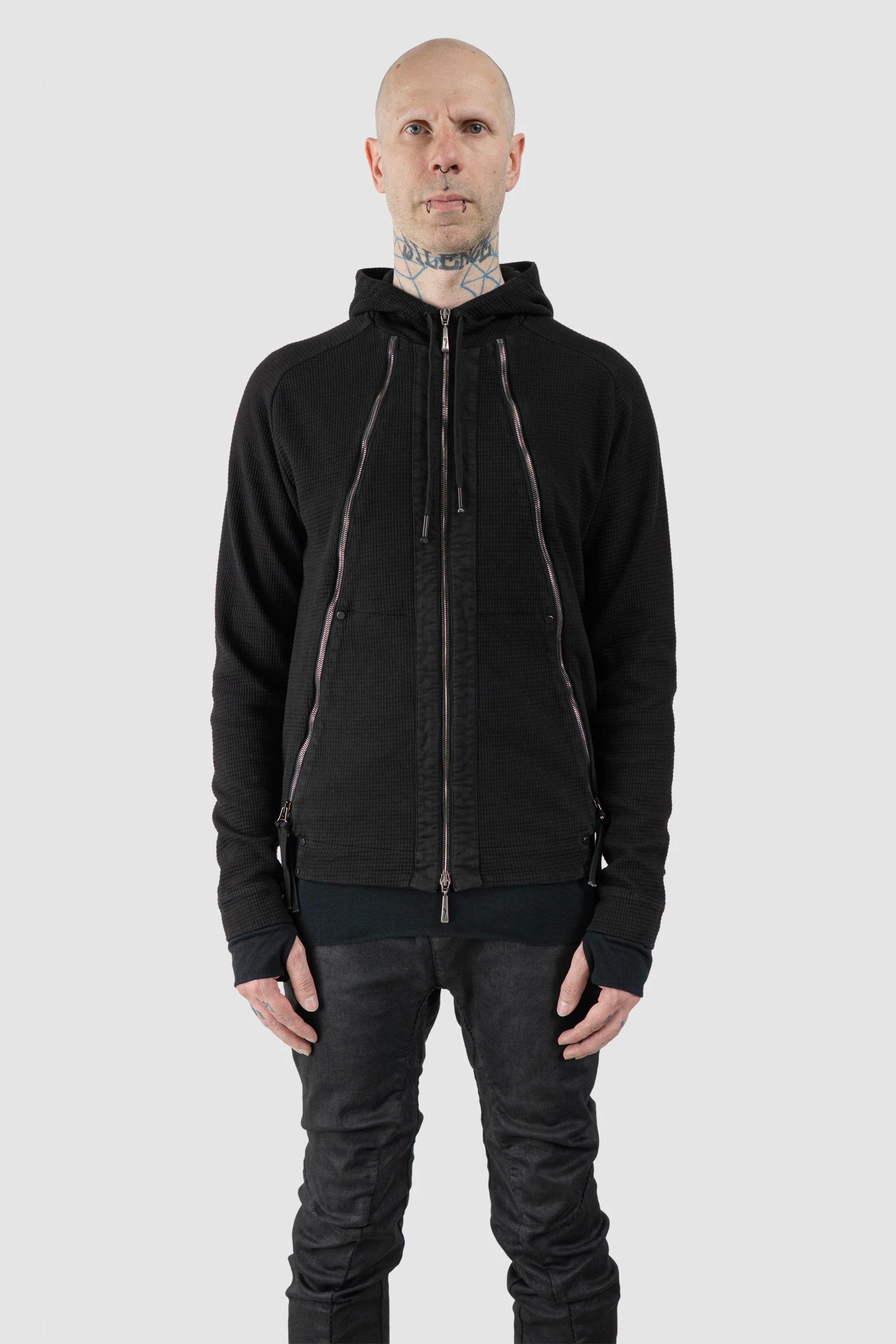 Masnada – Men's Black Multi Zip Cotton Hoodie - model front view