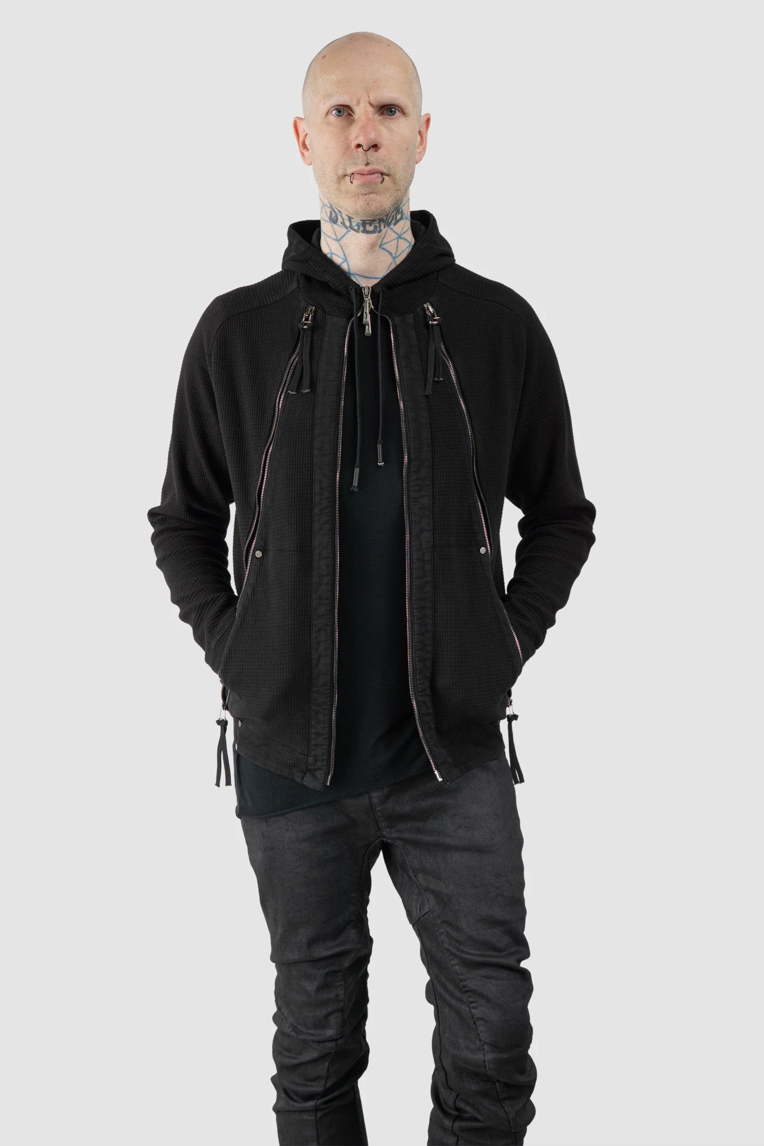 Masnada – Men's Black Multi Zip Cotton Hoodie - model relaxed open view