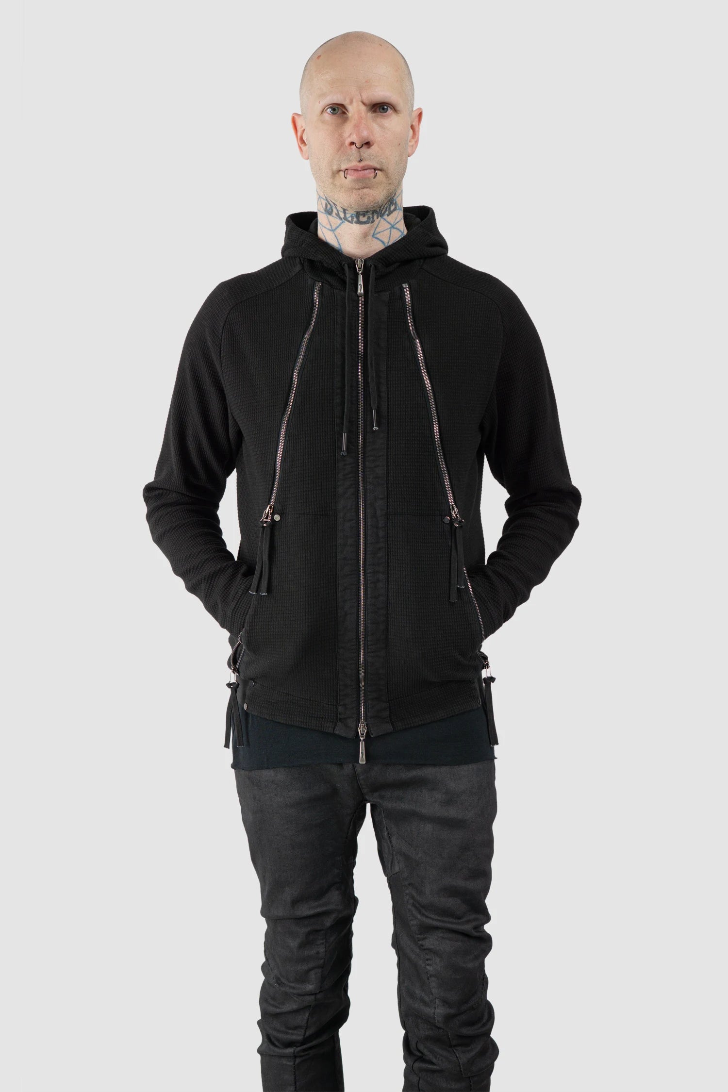Masnada – Men's Black Multi Zip Cotton Hoodie - model relaxed view
