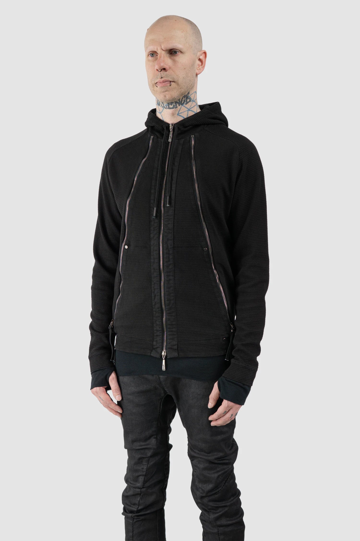 Masnada – Men's Black Multi Zip Cotton Hoodie - model front side view