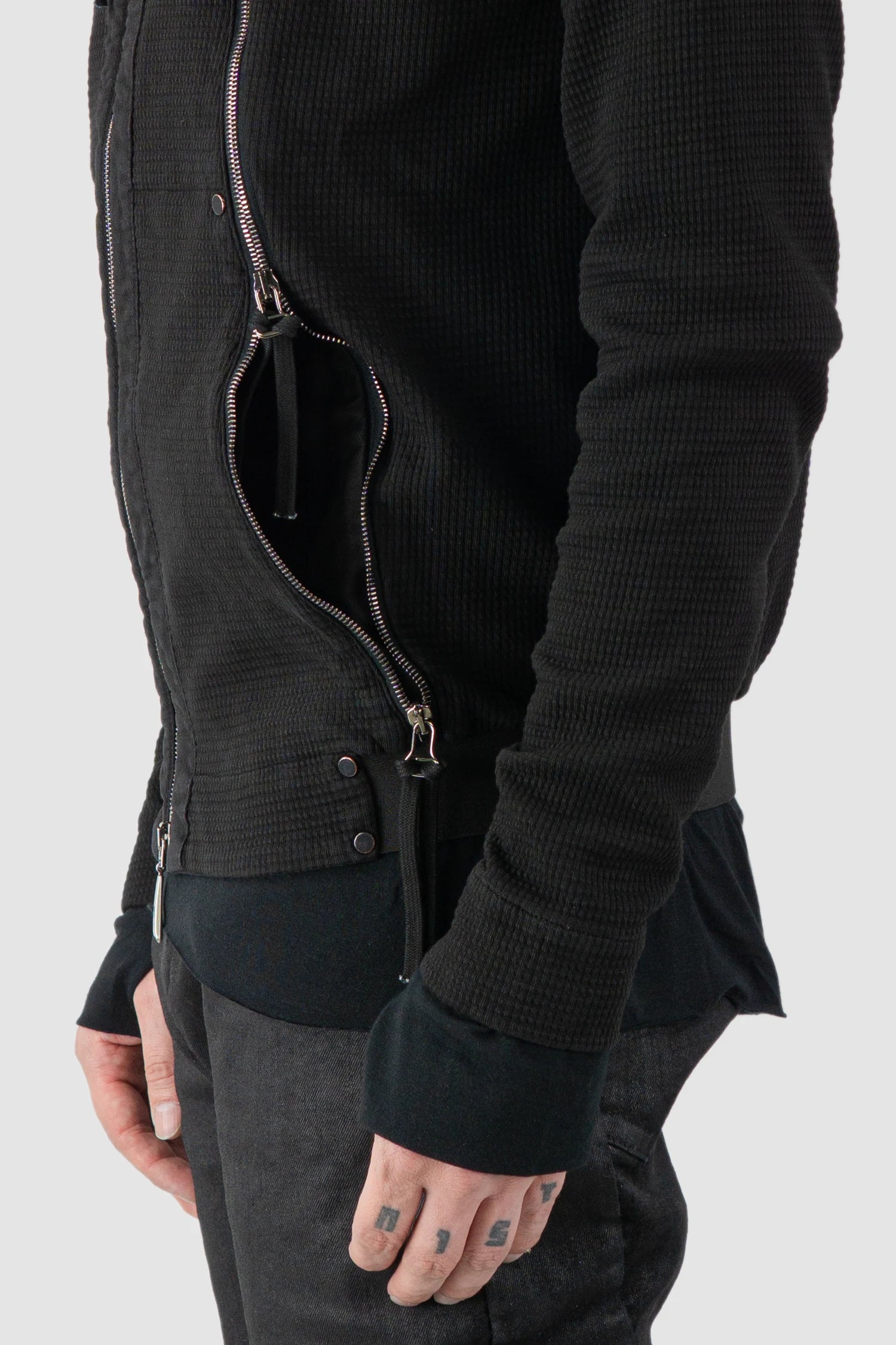 Masnada – Men's Black Multi Zip Cotton Hoodie - Pocket detail view
