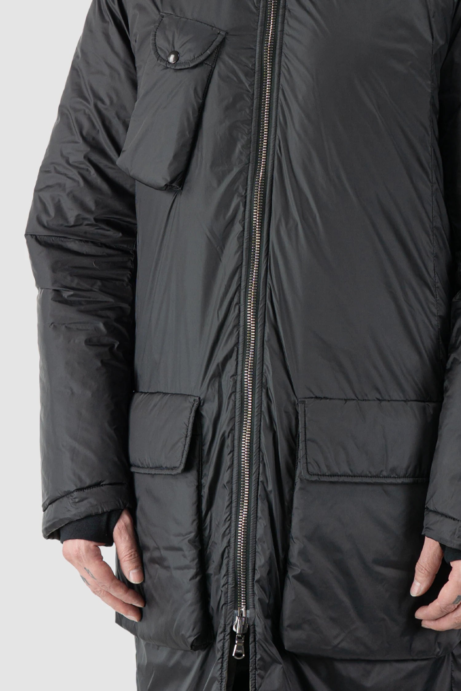 Masnada – Men's Black Reversible Thindown Parka - front pocket view