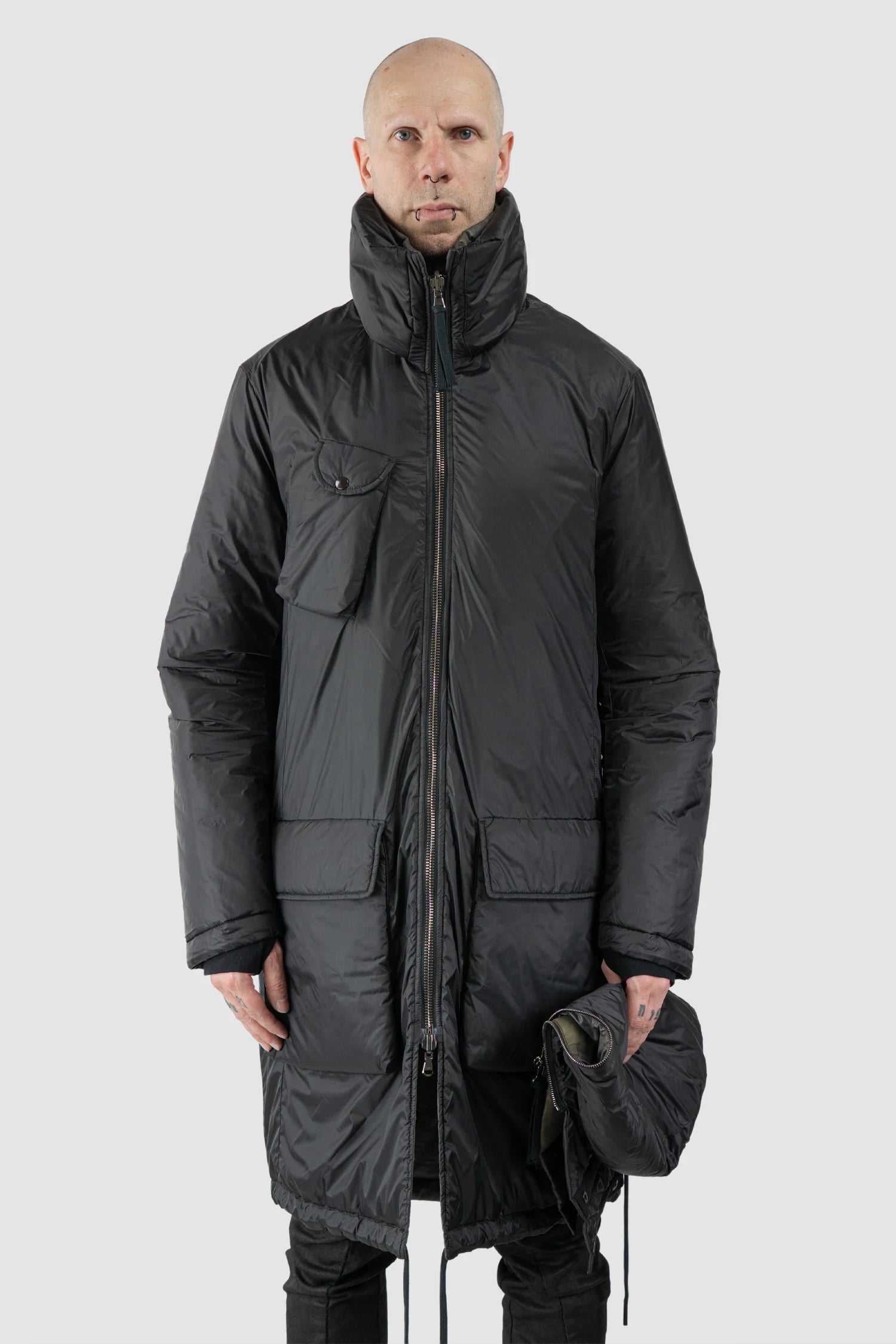 Masnada – Men's Black Reversible Thindown Parka - model without hood view