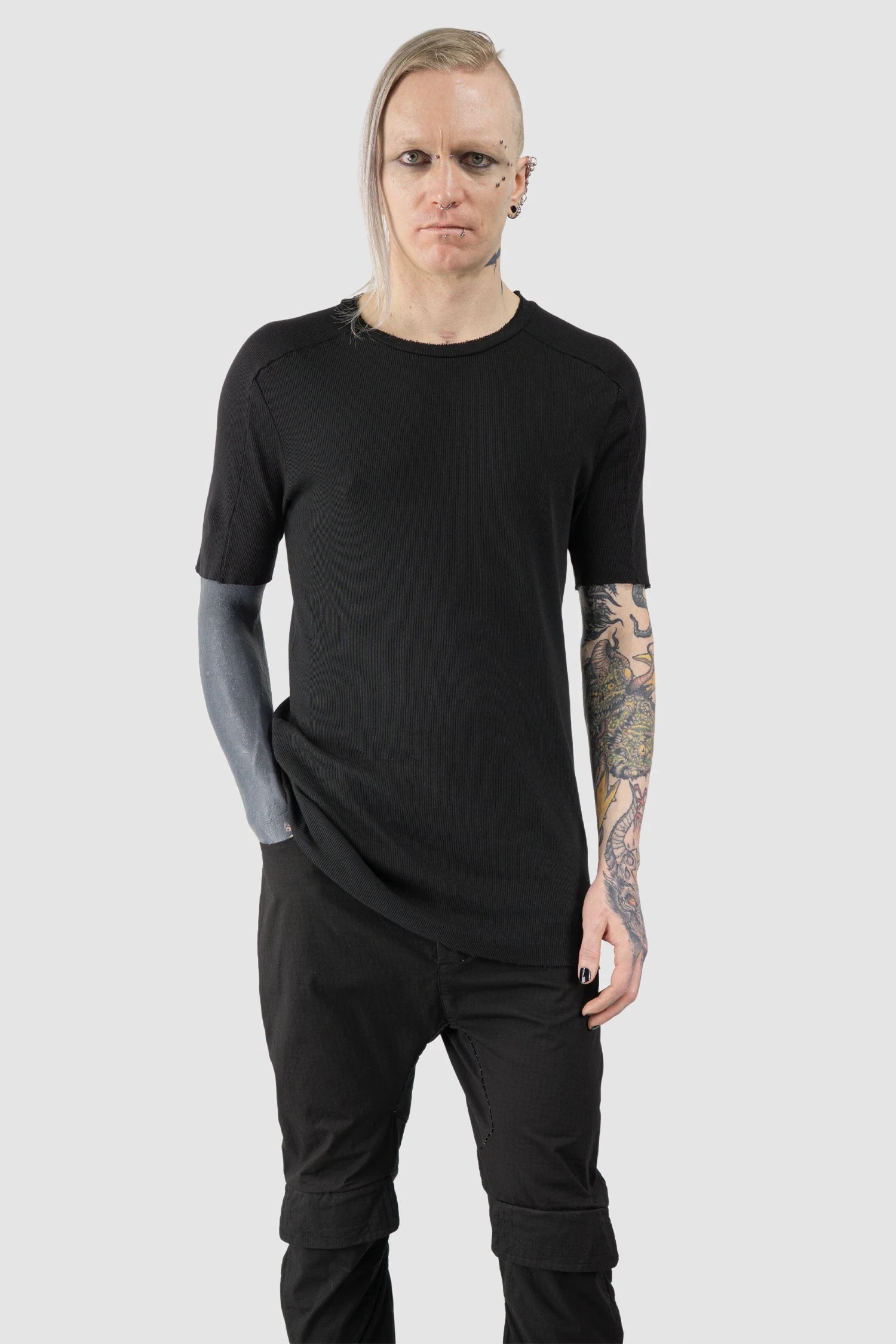 Masnada - Men’s Black Stretch Cotton Rib Raglan T-Shirt model relaxed view