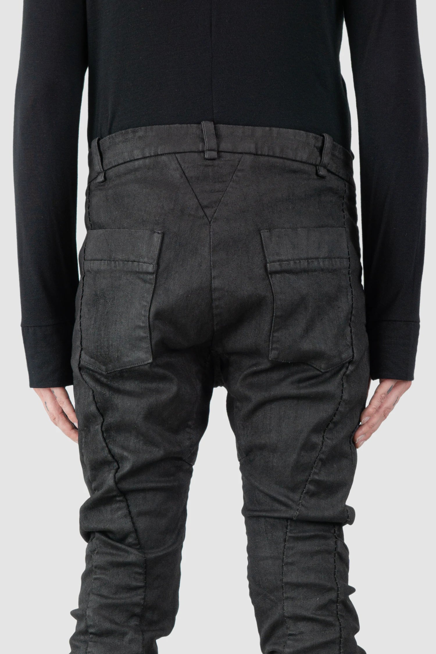 Masnada – Men's Black Waxed Curved Seam Denim Jeans - back detail view