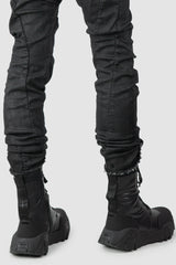 Masnada – Men's Black Waxed Curved Seam Denim Jeans - back hem detail view