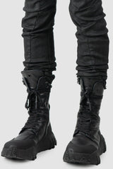 Masnada – Men's Black Waxed Curved Seam Denim Jeans - front hem detail view