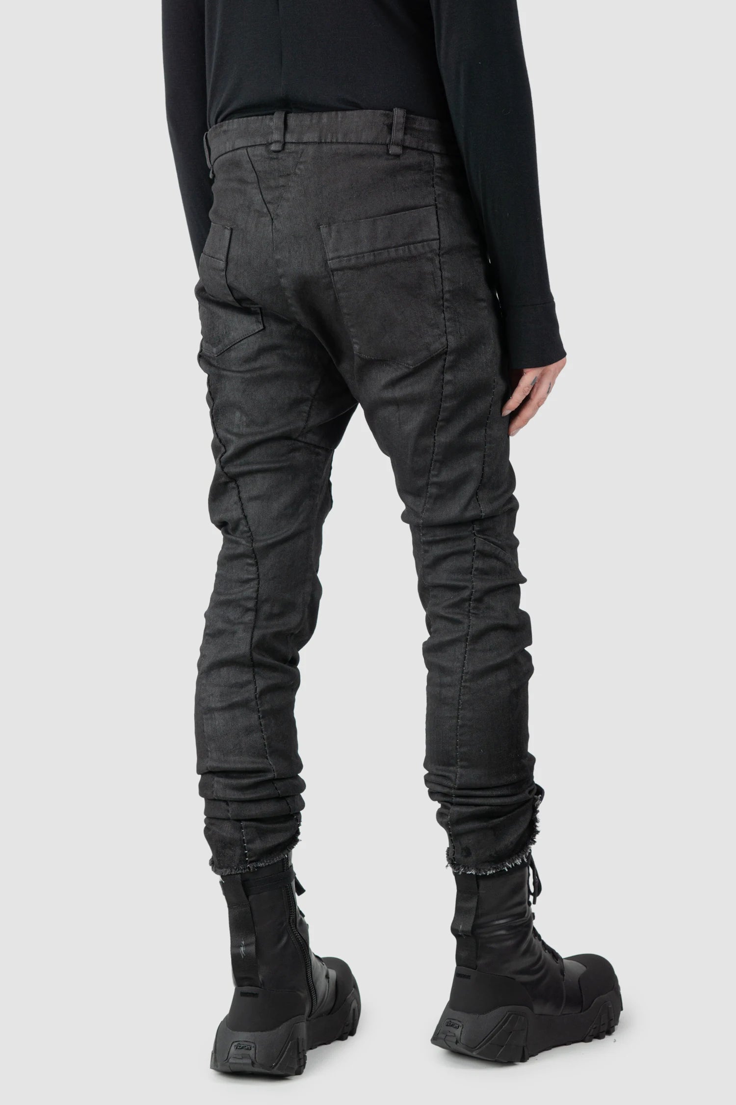 Masnada – Men's Black Waxed Curved Seam Denim Jeans - model back side view