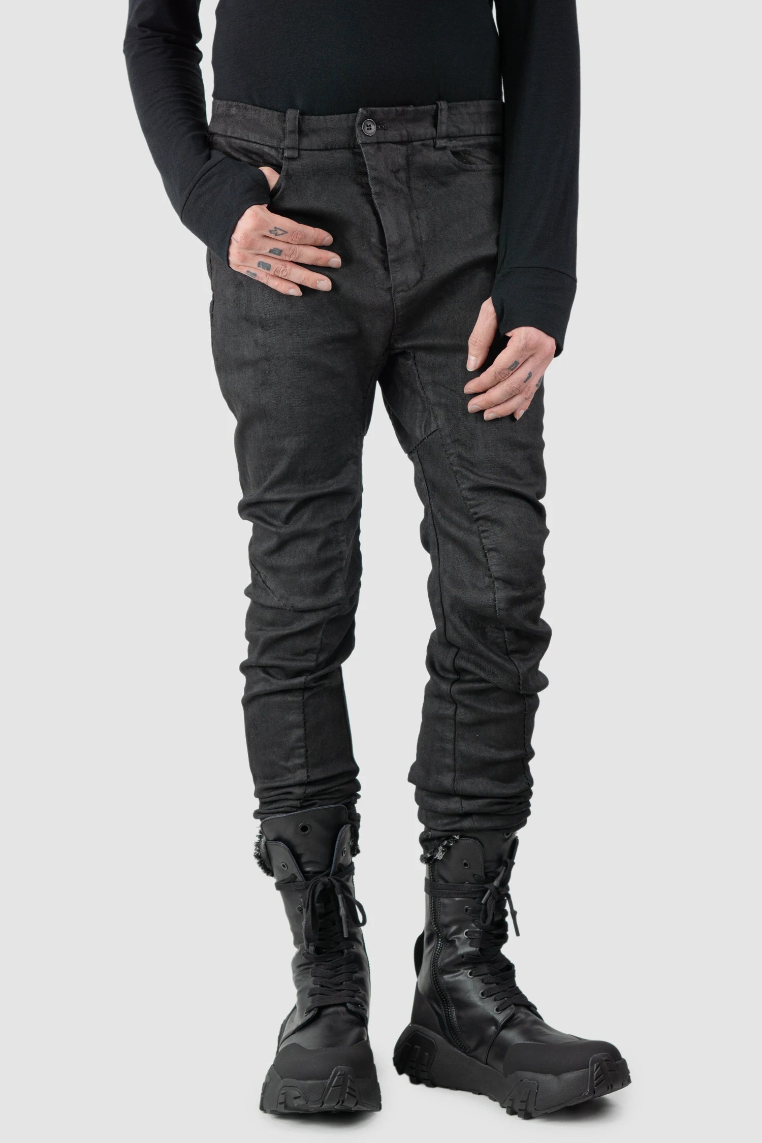 Masnada – Men's Black Waxed Curved Seam Denim Jeans - model relaxed view