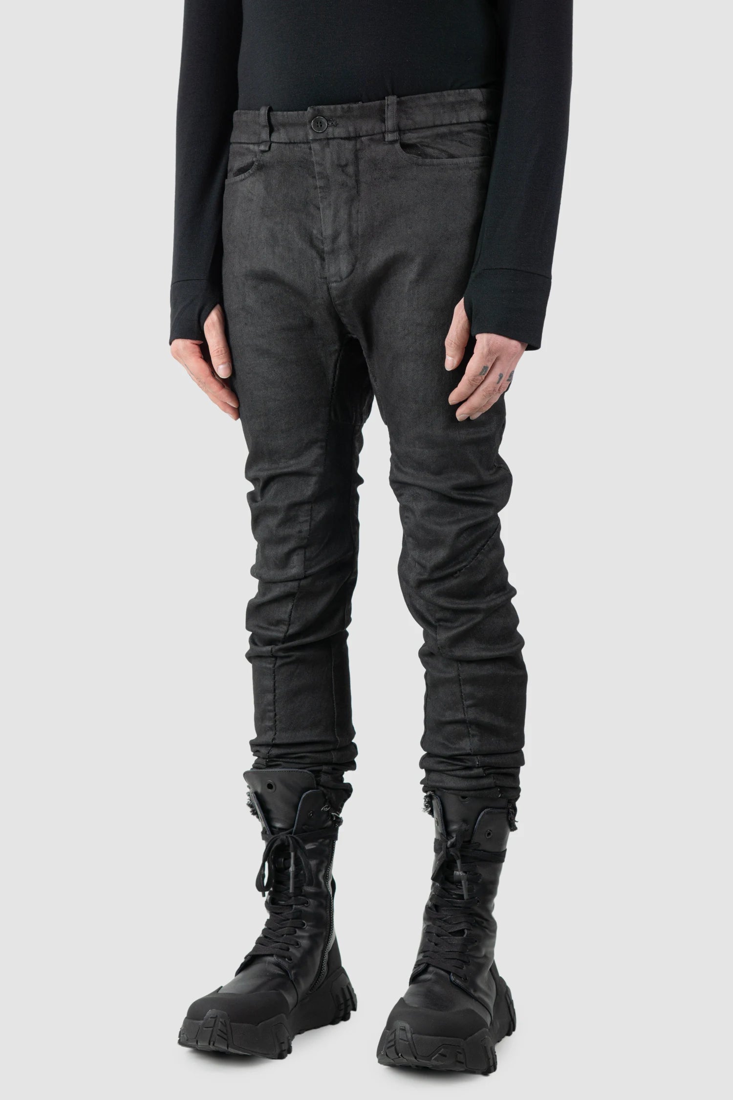 Masnada – Men's Black Waxed Curved Seam Denim Jeans - model front side view