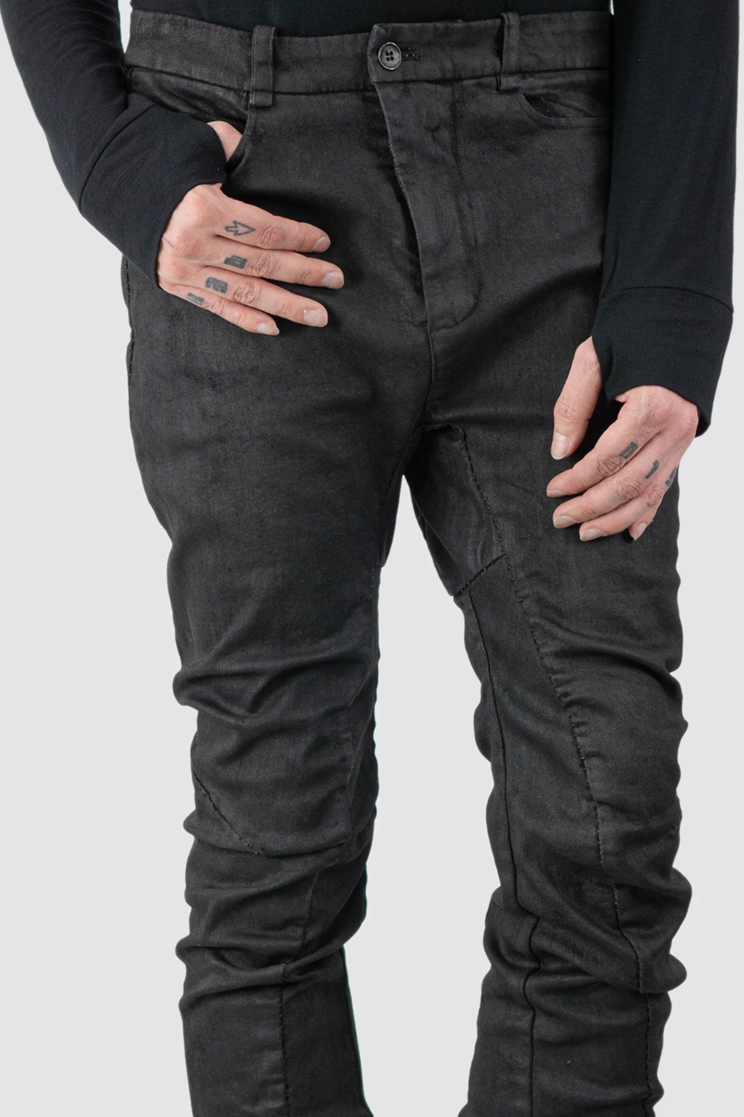 Masnada – Men's Black Waxed Curved Seam Denim Jeans - waist detail view