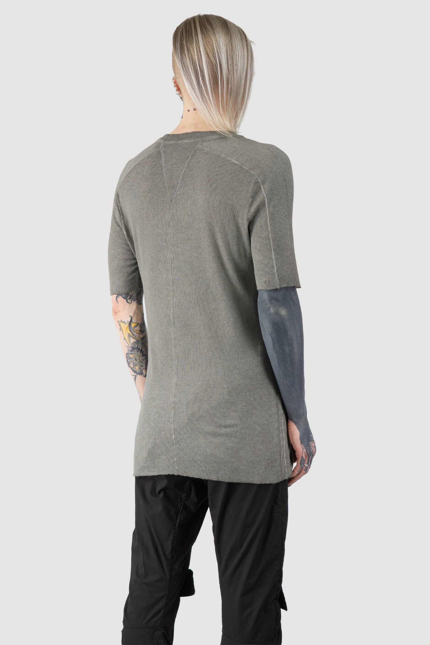 Masnada - Men’s Grey Cotton Rib Raglan T-Shirt model back side view