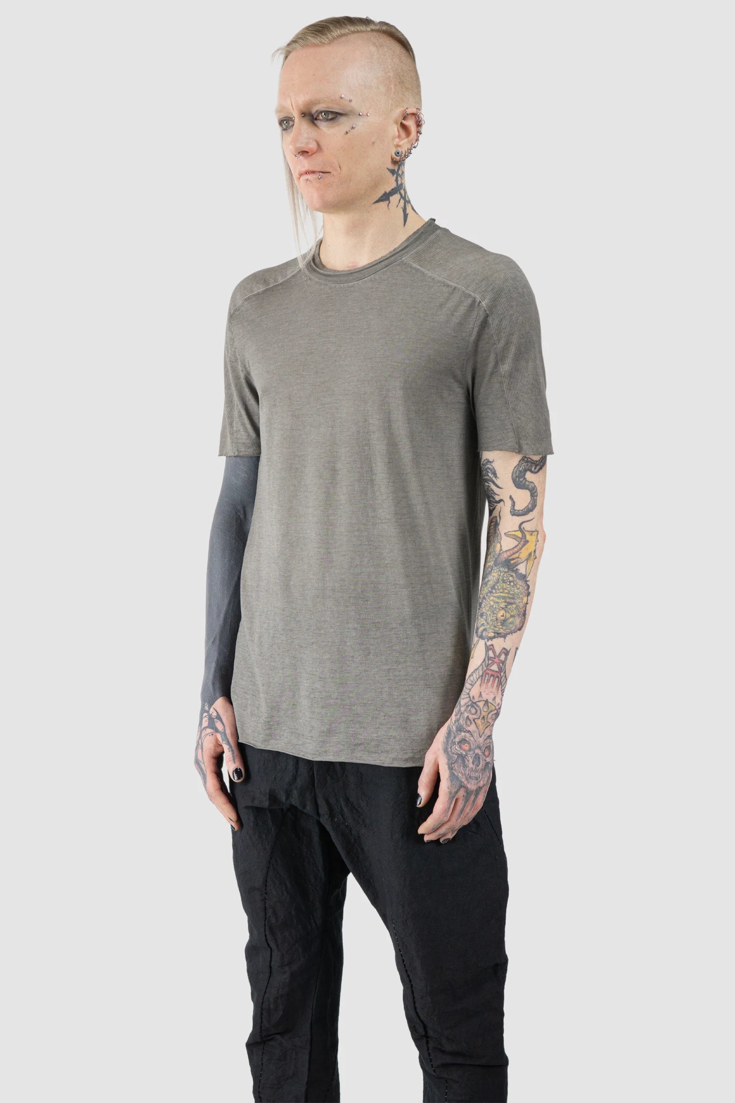 Masnada - Men’s Grey Shoulder Rib Patch T-Shirt model front side view