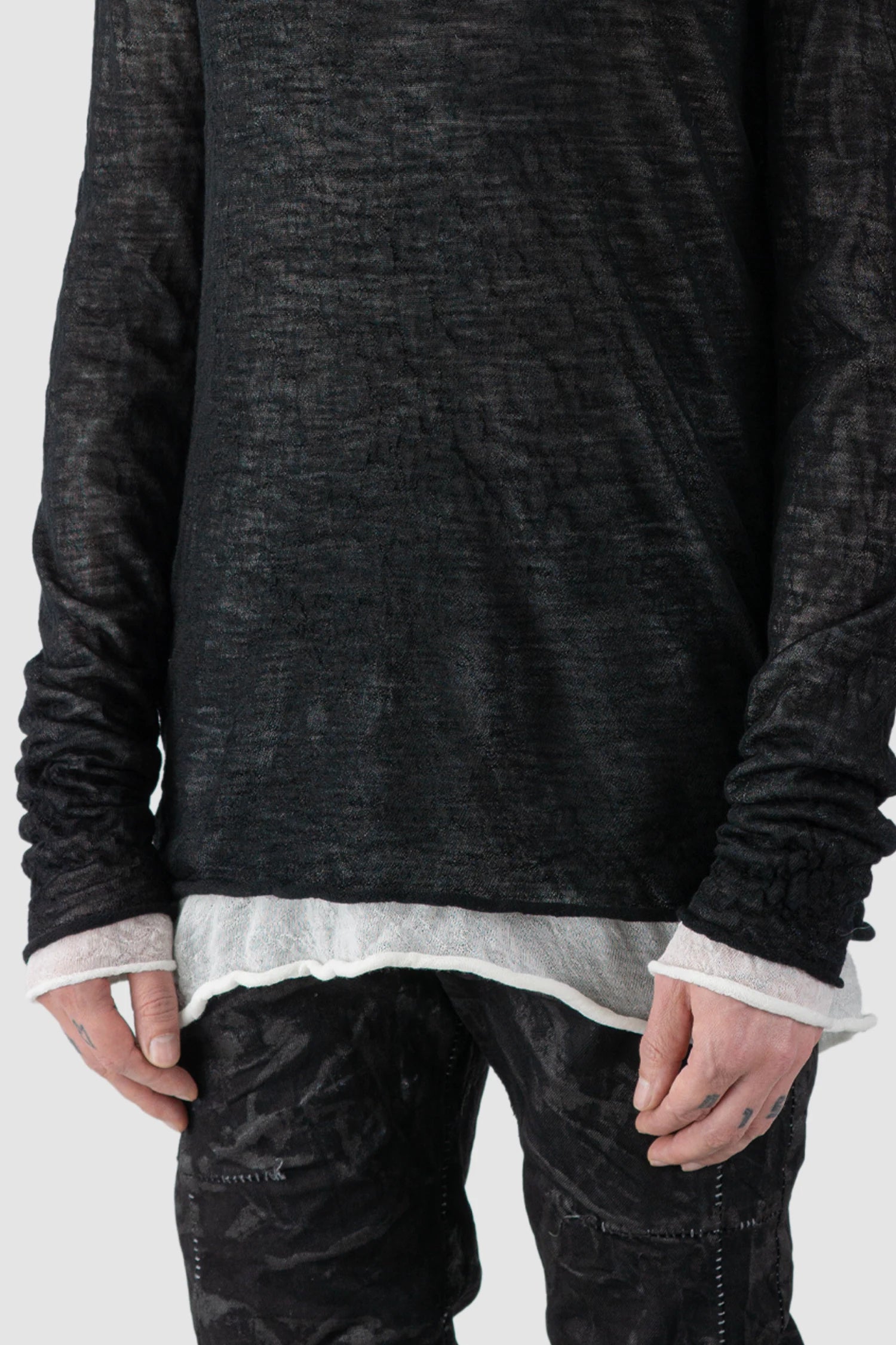 MD75 - model front detail view of men’s Black and White Double Layer Thin Knitted Wool Long Sleeve Sweater